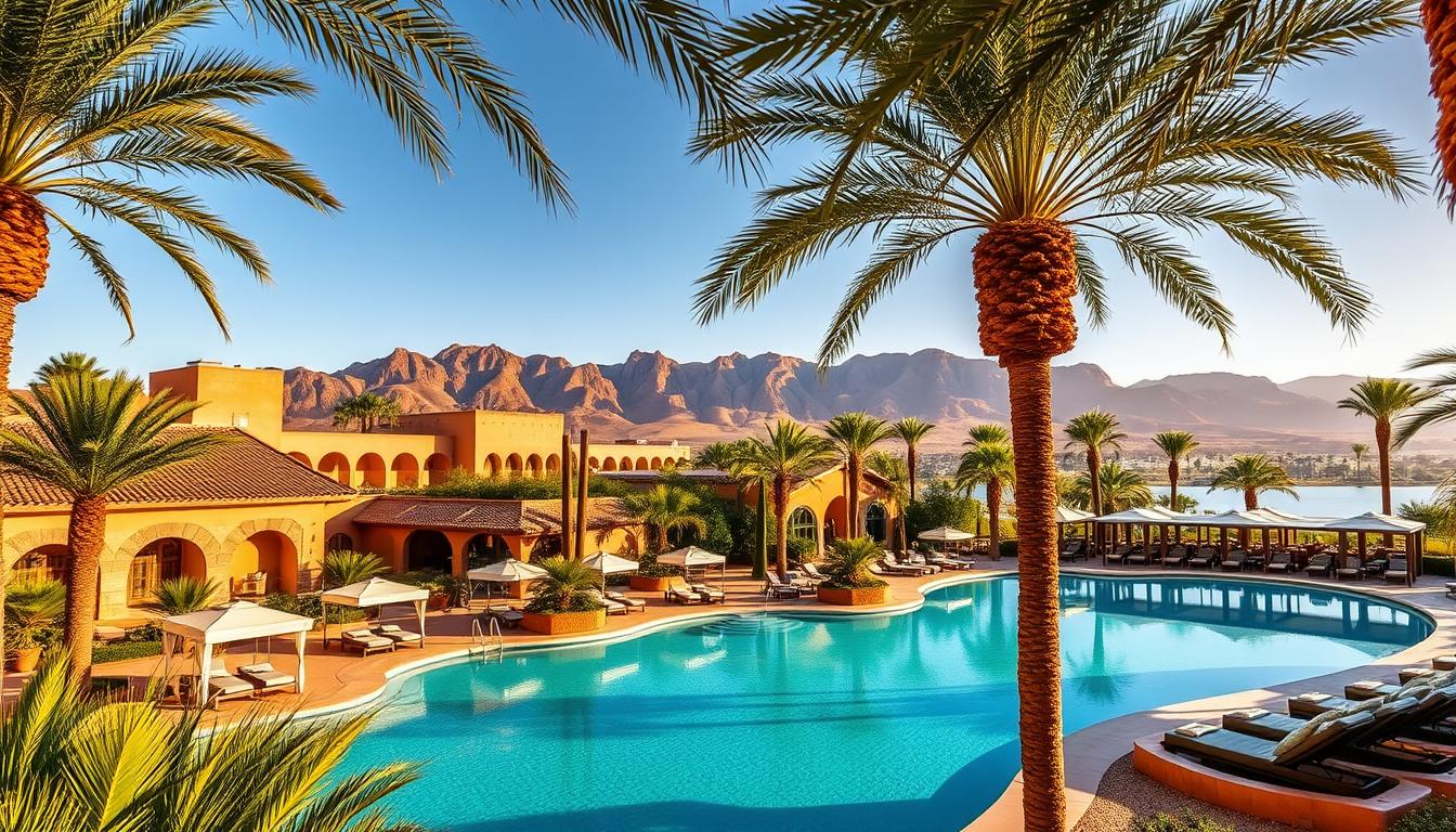 A picturesque Moroccan resort nestled among lush palm trees, with traditional Moorish architecture featuring intricate arched doorways and ornate tilework. In the foreground, a shimmering infinity pool reflects the azure sky, surrounded by chic cabanas and day beds. Beyond, a tranquil spa center with soothing natural treatments, and a bustling open-air restaurant serving local delicacies. The scene is bathed in warm, golden light, evoking a sense of relaxation and indulgence. Towering Atlas mountains provide a majestic backdrop, completing the idyllic, luxury resort atmosphere.