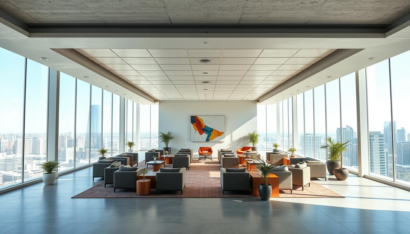 Expansive, modern meeting rooms with abundant natural light and sleek, minimalist furnishings. Smooth concrete floors and glass walls offer a sense of openness, while plush seating and warm wood accents create an inviting atmosphere. Overhead, a grid of recessed lighting casts a gentle, uniform glow, complemented by floor-to-ceiling windows offering panoramic city views. Carefully arranged potted plants and abstract artwork add pops of color and texture, reflecting a sophisticated, professional ambiance ideal for productive discussions and collaborative work sessions.