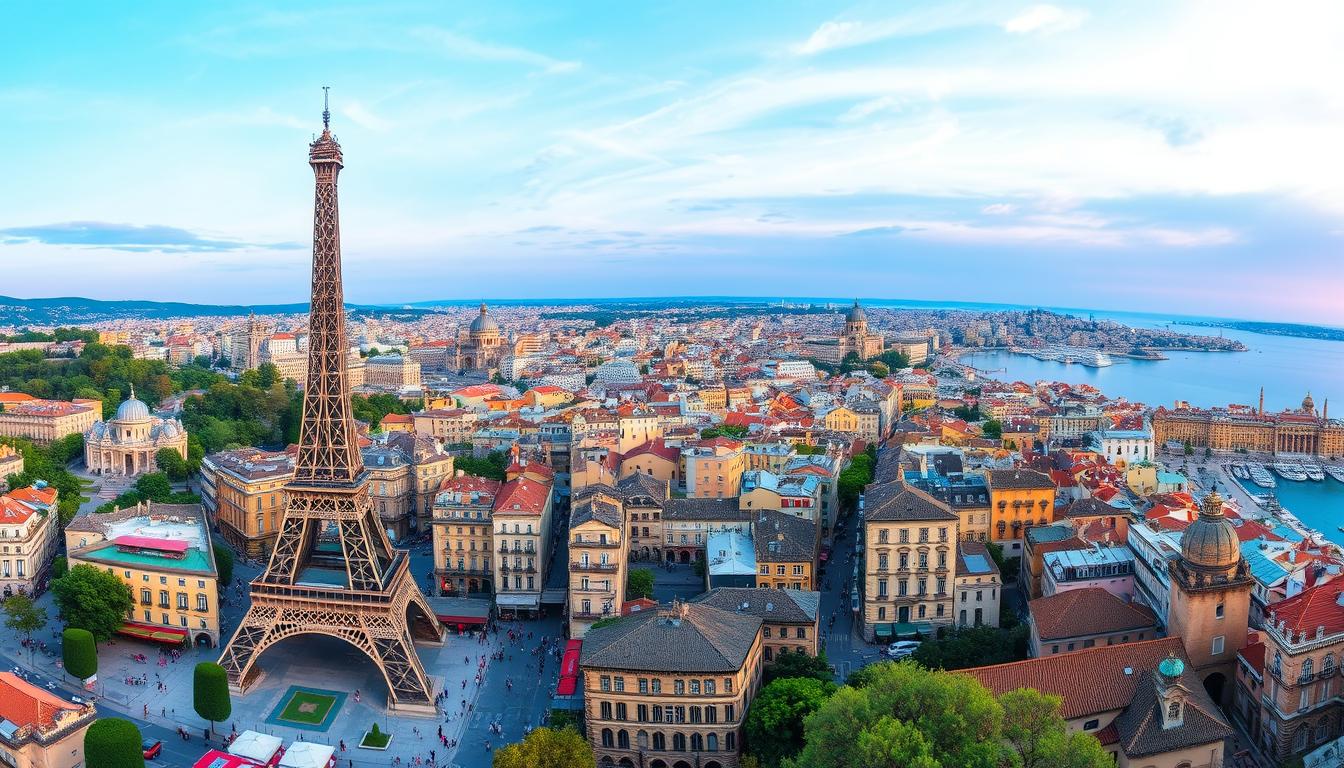 A panoramic view of the most iconic tourist cities in France, captured with a wide-angle lens. In the foreground, the striking silhouettes of the Eiffel Tower in Paris stand tall, surrounded by the bustling streets and cafes. In the middle ground, the ancient architecture of historic cities like Lyon and Marseille come into focus, with their charming plazas and winding cobblestone alleys. In the distance, the picturesque seaside towns of the French Riviera, such as Nice and Cannes, are bathed in a warm, golden glow from the setting sun. The scene exudes a timeless, romantic atmosphere, inviting the viewer to explore the rich cultural heritage and natural beauty of these quintessential French destinations.