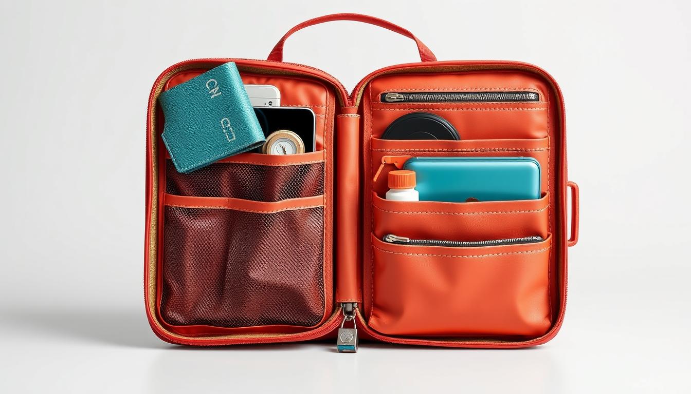 Generate an image of a travel organizer with multiple compartments and pockets.