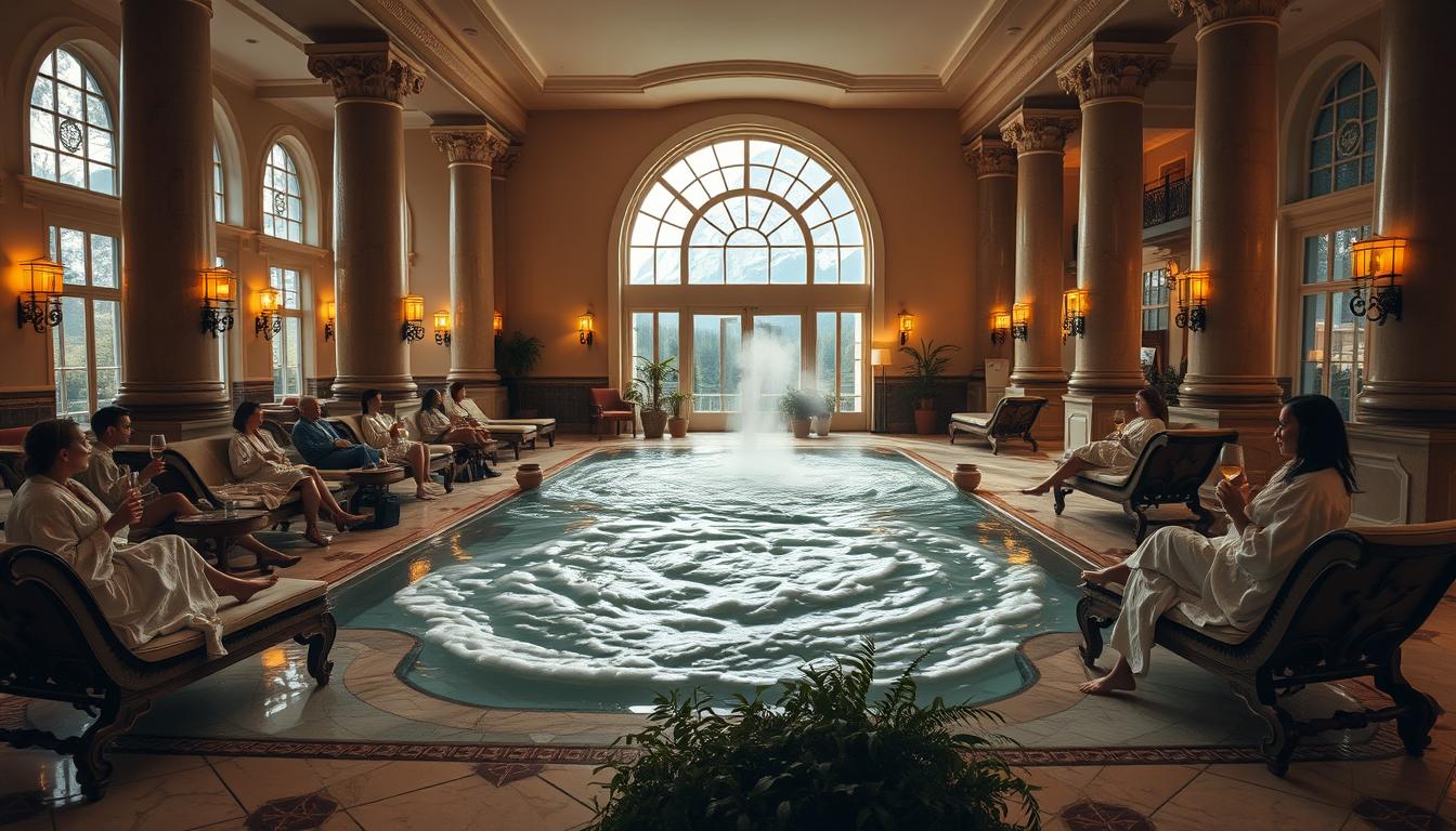 An opulent Austrian thermal spa, the elegant marble floors gleam under warm, diffused lighting. Bathers in plush robes lounge on ornate chaise lounges, sipping glasses of crisp white wine. Stately columns frame the scene, their ornate carvings casting intriguing shadows. In the center, a large, steaming pool beckons, its swirling waters surrounded by lush, verdant plants. The air is filled with the soothing aroma of eucalyptus and lavender, creating a tranquil, luxurious atmosphere. Massive arched windows offer glimpses of the snow-capped Austrian Alps in the distance, completing this serene, quintessentially Austrian spa experience.