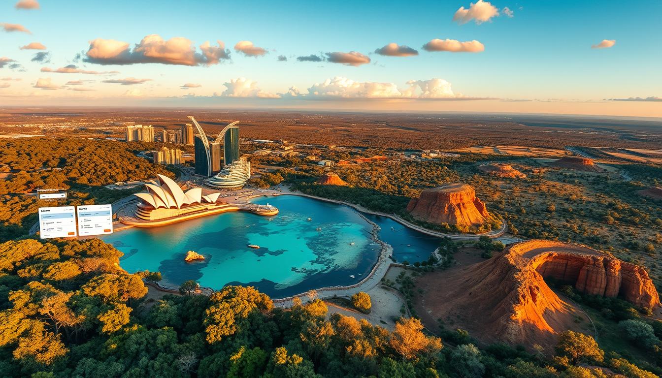 A lush, vibrant landscape of iconic Australian landmarks and scenery, showcasing the diverse experiences awaiting the traveler. In the foreground, a seamless collage of digital booking platforms, travel guides, and accommodation options, all tailored to the user's needs. The middle ground features stunning aerial views of Sydney's Opera House, the Great Barrier Reef, and the rugged Outback, captured through a wide-angle lens with warm, golden lighting. In the background, a panoramic view of the Australian horizon, with dramatic cloud formations and a sense of adventure and exploration. The overall mood is one of excitement, discovery, and the promise of an unforgettable journey.