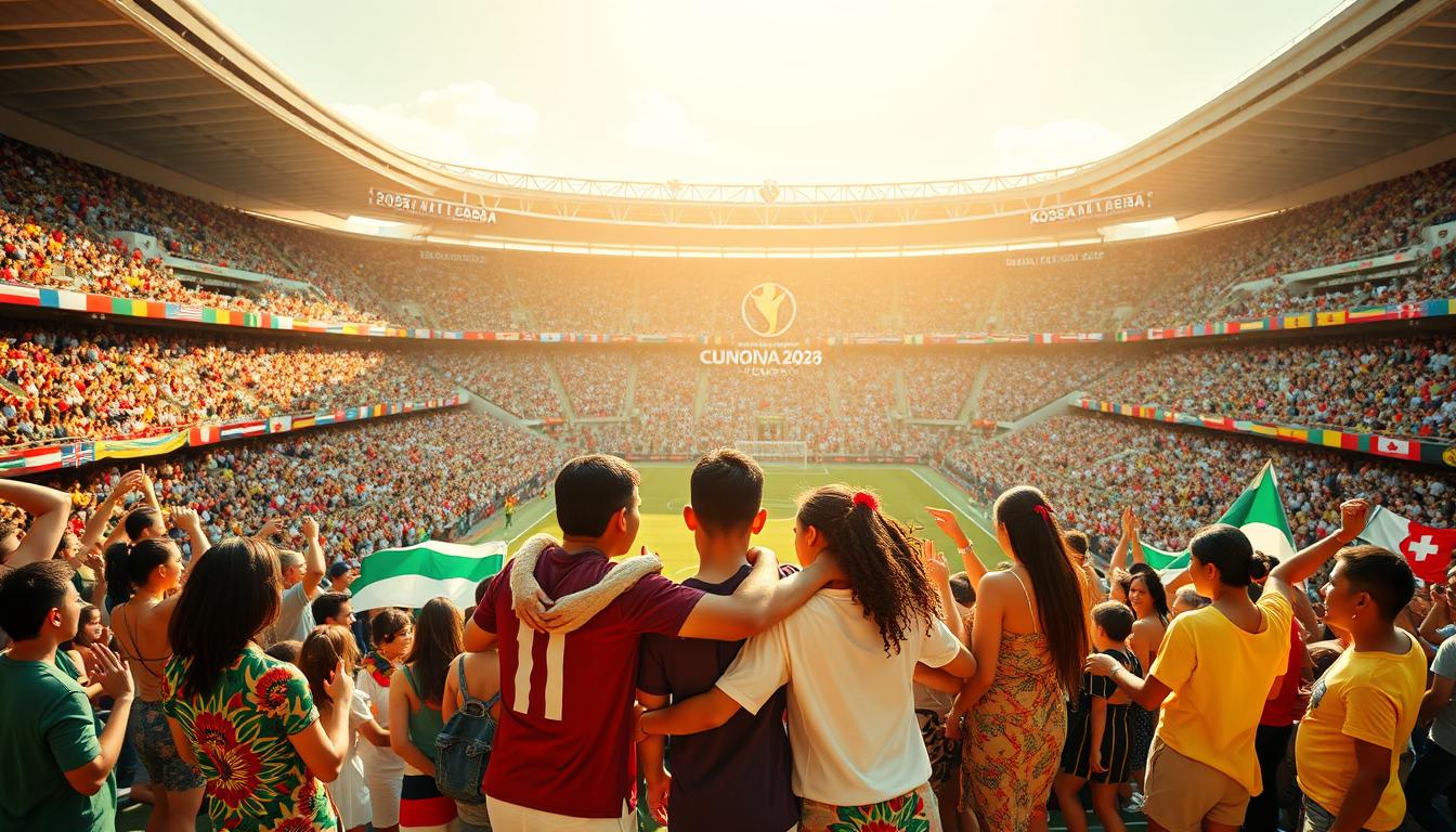 A vibrant mosaic of diverse cultural expressions unfolds in a sun-drenched stadium. Spectators from around the world engage in celebratory dance, music, and culinary traditions, seamlessly blending into a harmonious tapestry. In the foreground, a group of young athletes from different nations embrace, symbolizing the unifying power of the global event. The middle ground features vibrant, stylized flags and banners showcasing the participating nations, while the background reveals a panoramic view of the stadium's modern architecture and towering screens displaying messages of inclusivity and unity. Warm, diffused lighting casts a sense of energy and optimism, capturing the essence of the 2026 World Cup's remarkable cultural integration.