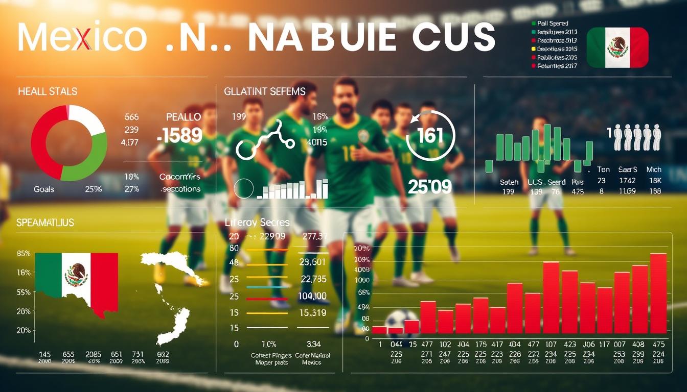 A detailed data visualization showcasing the performance analysis of the Mexico national soccer team. Prominently displayed in the foreground, a series of infographics, charts, and statistics highlighting the team's strengths, weaknesses, and key metrics such as goals scored, possession percentage, and defensive efficiency. In the middle ground, a blurred backdrop of the Mexican national team in action, with players in their distinctive green uniforms. The scene is illuminated by a warm, golden lighting, conveying a sense of national pride and determination. The overall mood is analytical yet inspiring, reflecting the team's potential to secure its place in the 2026 World Cup.