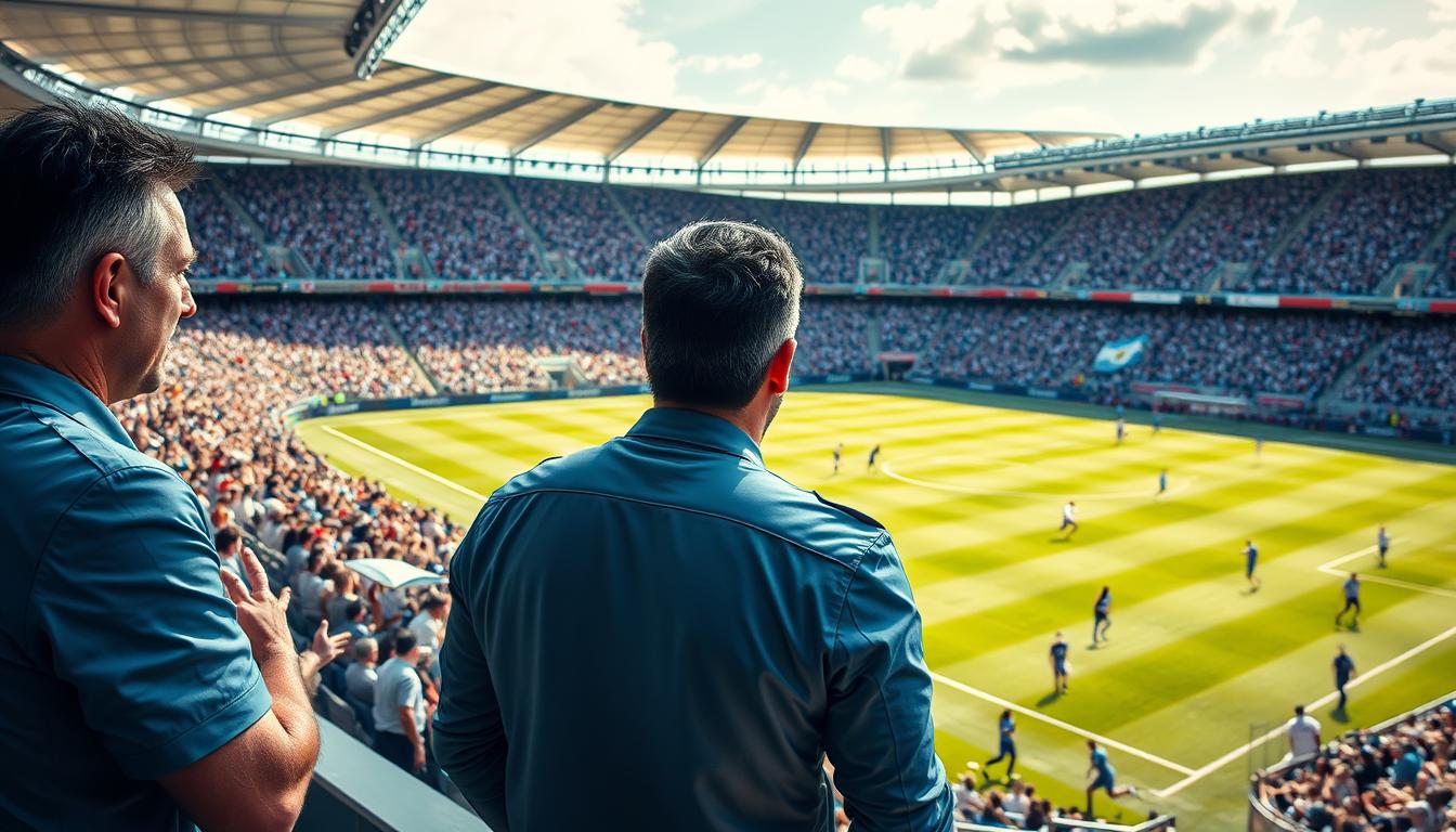 A sun-drenched stadium buzzes with anticipation as the 2026 World Cup final kicks off. Lionel Scaloni, Argentina's tactician, watches intently from the sidelines, his players executing his meticulous game plan with precision. In the midfield, the ball flows seamlessly between Messi, Dybala, and De Paul, their intricate passing weaving a mesmerizing tapestry. Up front, the Argentine forwards surge forward, their movement and positioning a testament to Scaloni's masterful coaching. Fans in the stands erupt in a deafening roar as Argentina takes the lead, the Argentine flag proudly unfurled amidst a sea of blue and white. The camera pans across the stadium, capturing the electric atmosphere and the sheer determination of Scaloni's men to bring the trophy home.