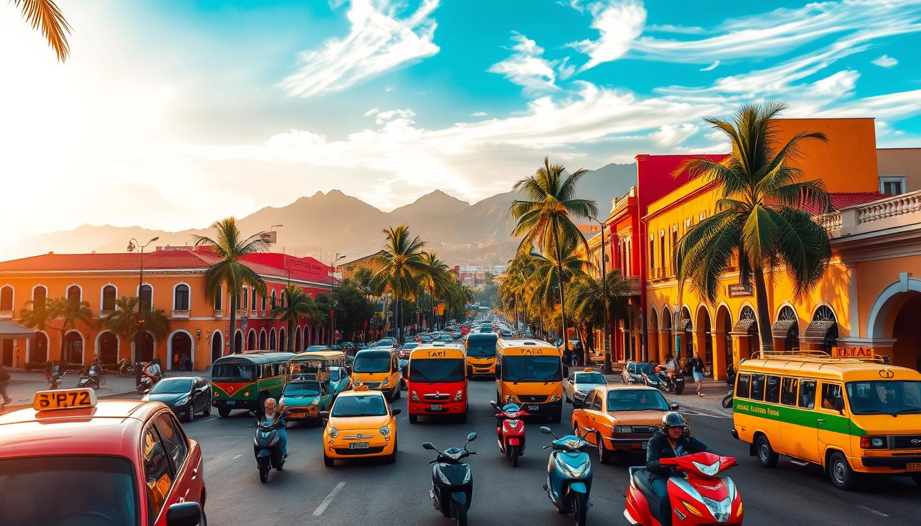 A bustling Mexican city street, framed by vibrant stucco buildings and lush palm trees. In the foreground, a colorful array of traditional taxis, buses, and mopeds navigate the lively traffic. Overhead, a warm, golden sunlight filters through wispy clouds, casting a pleasant glow on the scene. In the middle ground, pedestrians casually stroll along the sidewalks, dodging the occasional bicycle or street vendor. The background features towering mountains, their peaks obscured by the hazy horizon. The overall atmosphere is one of energetic movement and authentic Mexican charm, inviting the viewer to explore the diverse transportation options available in this captivating locale.