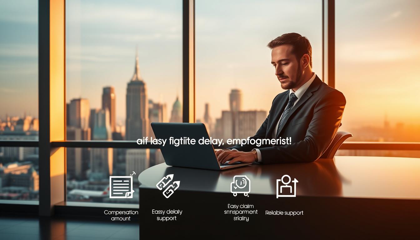 A sleek, modern office interior with floor-to-ceiling windows overlooking a bustling city skyline. In the foreground, a well-dressed person sits at a desk, intently focused on a laptop screen, representing the flight delay compensation service. The middle ground features stylized icons and graphics conveying the key benefits of the service, such as compensation amounts, easy claim submission, and reliable support. The background is bathed in warm, natural lighting, creating a professional and trustworthy atmosphere. The overall composition evokes a sense of efficiency, expertise, and customer-centric service.