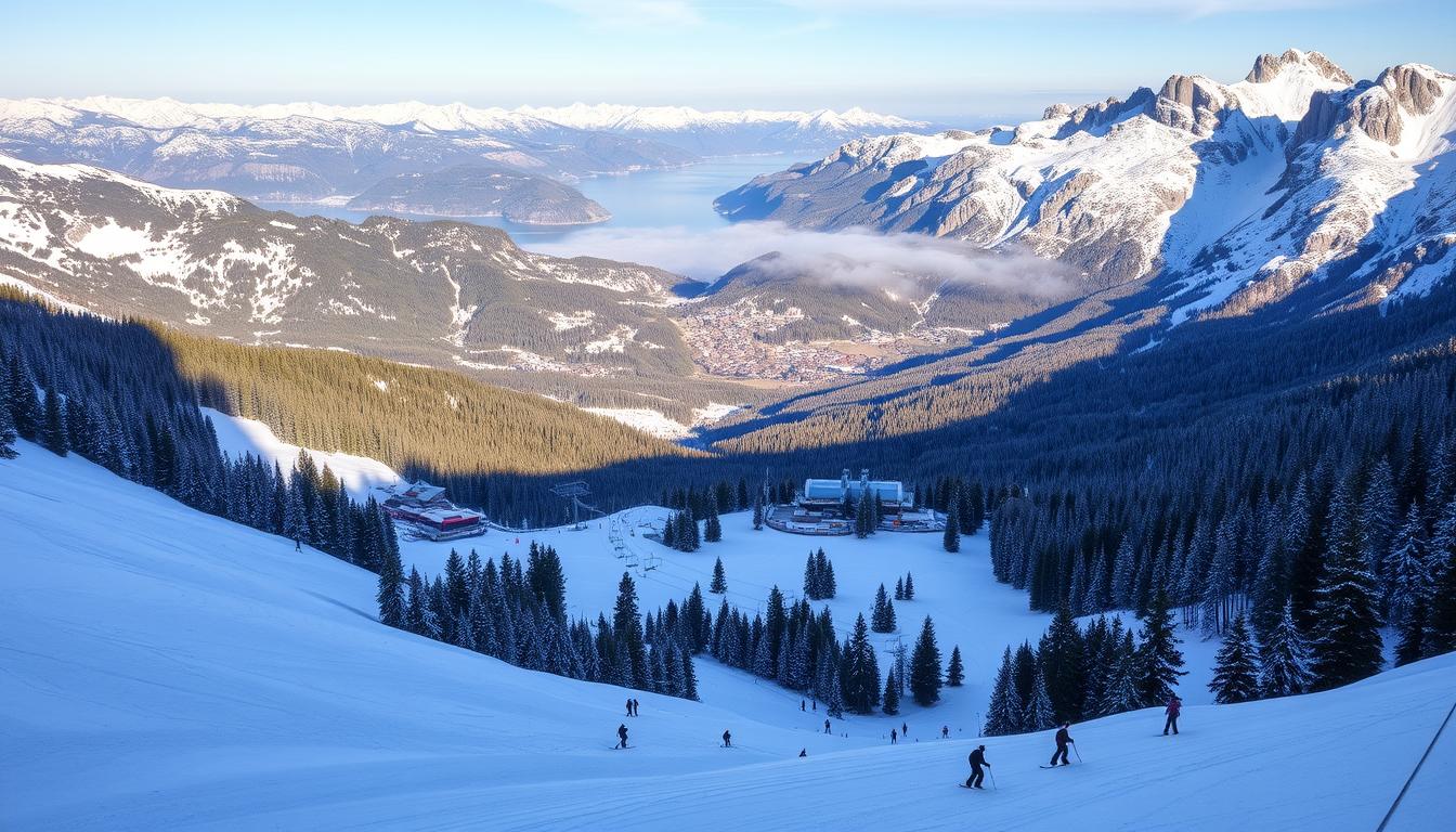 A majestic ski resort nestled amidst the towering snow-capped peaks of the Rila Mountains, Bulgaria. Pristine slopes wind through a winter wonderland, with dense evergreen forests and glistening alpine lakes in the distance. Skiers carve graceful turns against a backdrop of dramatic rocky cliffs and ridges, bathed in the warm glow of the afternoon sun. Crisp, clean mountain air and the soothing sounds of chairlifts and ski edges on groomed runs create a serene, peaceful atmosphere. Capture the essence of Bulgaria's premier ski destination, showcasing its natural beauty and the thrilling alpine experience it offers.