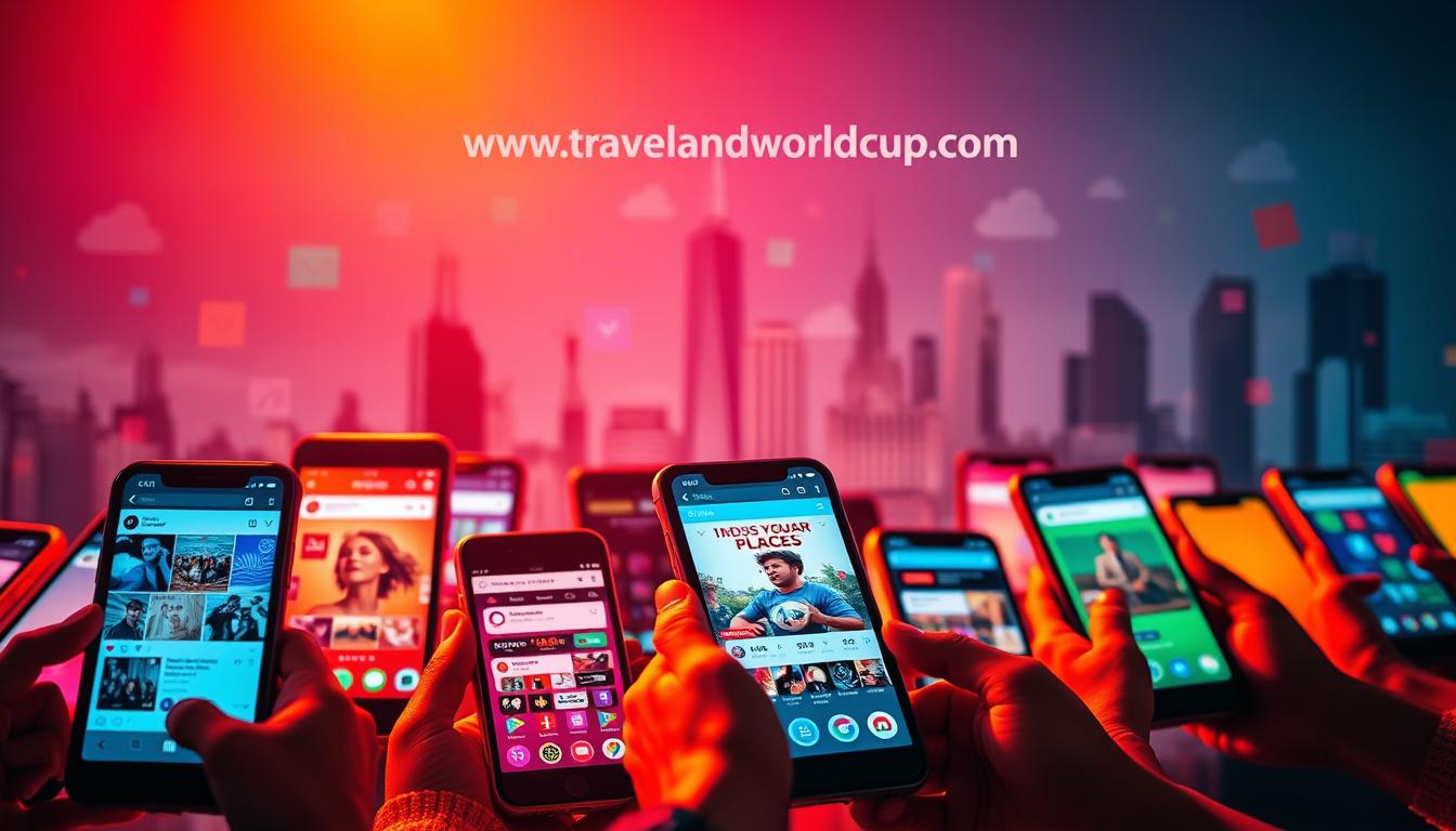 A vibrant, hyper-personalized social media landscape, bathed in warm hues and dynamic lighting. In the foreground, a colorful array of mobile devices, each displaying a unique, customized feed tailored to the user's interests and preferences. The middle ground features a collage of trending social media icons, logos, and symbols, all seamlessly integrated into a visually striking composition. The background showcases a modern, minimalist cityscape, with the website &quot;www.travelandworldcup.com&quot; prominently displayed, hinting at the global reach and connectivity of these personalized social media experiences. The overall mood is one of immersion, engagement, and the ever-evolving nature of social media personalization.