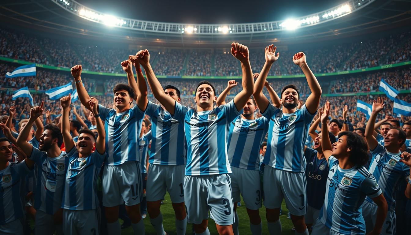 A jubilant scene of Argentina's historic 4-1 victory over Brazil at the 2026 World Cup. In the foreground, the Argentine national team celebrate passionately, arms raised in triumph, faces alight with joy. In the middle ground, a sea of blue and white-clad fans erupt in euphoric cheers, waving flags and scarves. The background depicts the iconic Maracanã stadium, its floodlights casting a warm, golden glow over the entire scene. The lighting is dramatic, with deep shadows and dramatic highlights accentuating the players' expressions and the crowd's energy. The camera angle is slightly elevated, capturing the full scale and intensity of the moment, a testament to Argentina's dominance and the magnitude of their achievement.