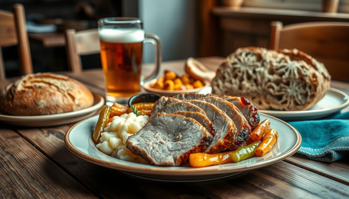A traditional Danish meal presented on a rustic wooden table, showcasing the country's renowned culinary heritage. In the foreground, a hearty plate features succulent slices of roasted pork, accompanied by creamy mashed potatoes and sautéed seasonal vegetables. In the middle ground, a glass of frothy Danish beer and a freshly baked rye bread loaf with a crisp crust complement the main dish. The background depicts a cozy, natural-lit interior, hinting at the warm, welcoming atmosphere of a typical Danish dining experience. The overall scene exudes a sense of homemade comfort and local authenticity, inviting the viewer to savor the unique flavors and traditions of Danish gastronomy.