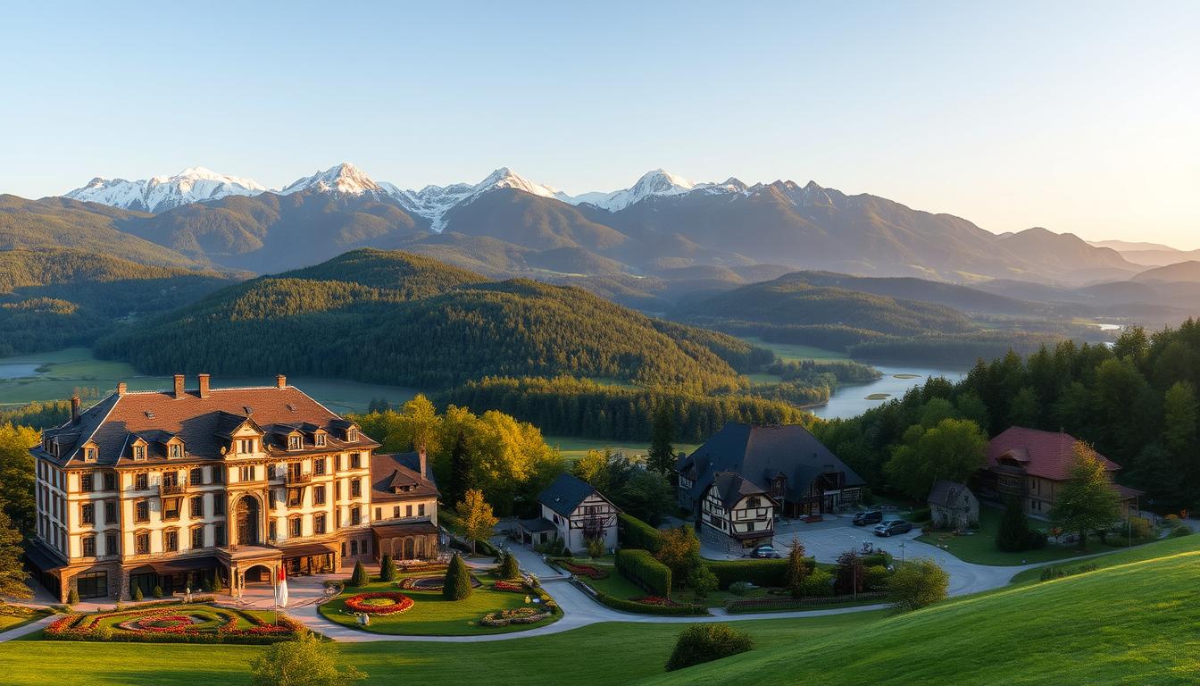 Plan Your Trip to Belgium with Hotellook A panoramic view of several luxurious, picturesque resorts nestled in the lush, rolling hills of the Belgian countryside. In the foreground, a grand, stately hotel with ornate architecture and landscaped gardens. In the middle ground, a charming, rustic inn set against a backdrop of verdant forests and tranquil lakes. The background features a stunning mountain range, with snow-capped peaks glowing in warm, golden sunlight. The scene evokes a sense of serene, timeless elegance, inviting travelers to experience the refined beauty and tranquility of Belgium's premier resort destinations.