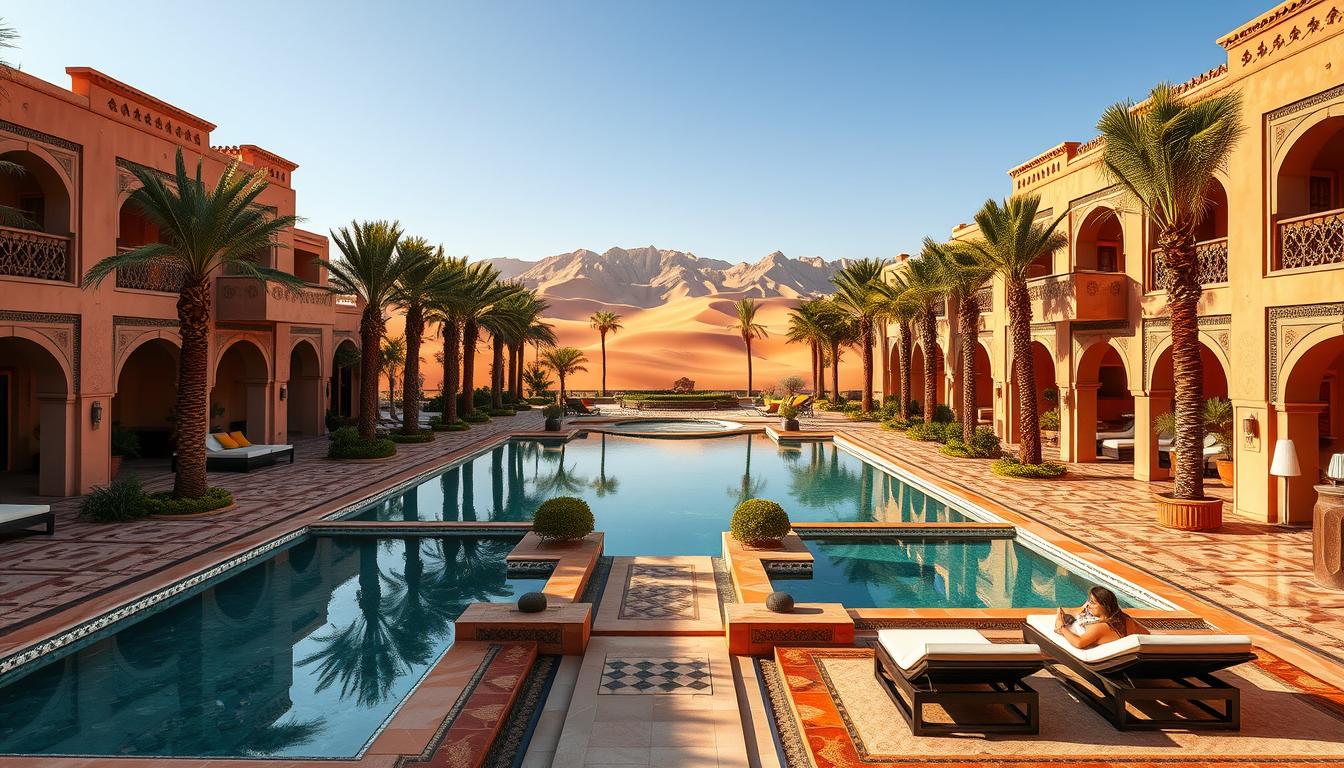 A breathtaking Moroccan oasis, a luxurious desert retreat surrounded by sweeping dunes and majestic palm trees. Elegant Moorish architecture with intricate tilework and ornate furnishings. Serene pools reflecting the warm desert sun, inviting guests to unwind and rejuvenate. Chefs prepare delectable Moroccan cuisine infused with aromatic spices, while attentive staff cater to every need. Guests lounge on plush daybeds, gazing out at the rugged Atlas Mountains in the distance. A captivating blend of modern comfort and timeless Moroccan charm, this premier resort offers an unforgettable luxury experience.