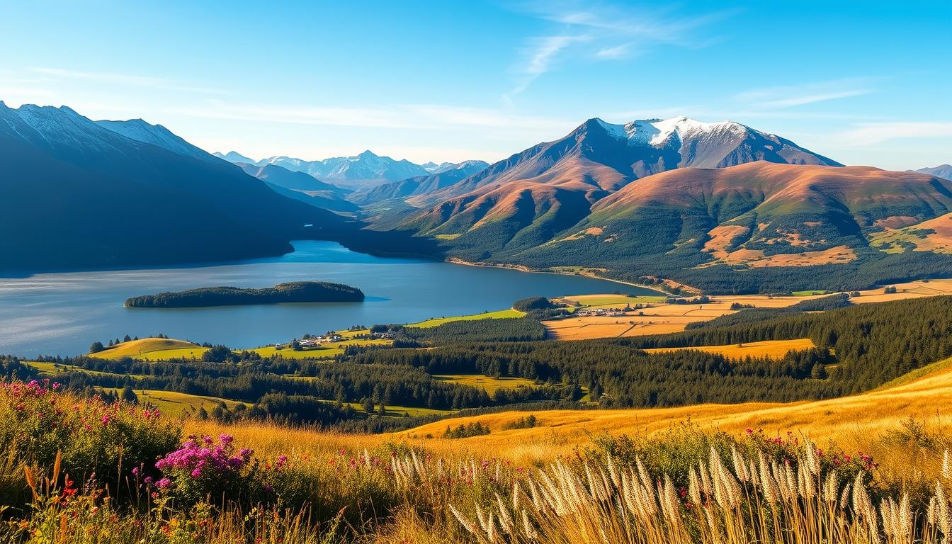 المعالم السياحية في المملكة المتحدة: دليل شامل للزيارة A sweeping landscape of the United Kingdom's breathtaking natural wonders. In the foreground, a majestic mountain range with snow-capped peaks rises majestically, casting long shadows across a verdant valley below. A shimmering lake reflects the azure sky, its calm waters dotted with clusters of vibrant wildflowers. In the middle ground, rolling hills draped in a patchwork of lush forests and golden meadows lead the eye towards the horizon. Bathed in warm, golden sunlight, this serene and picturesque scene evokes a sense of tranquility and awe-inspiring natural beauty.
