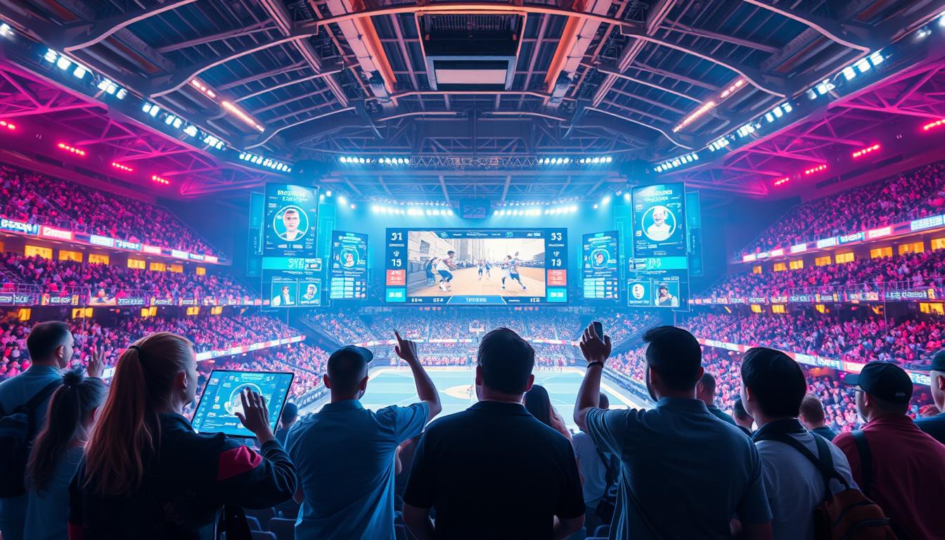 Prompt A vibrant, digitally-enhanced fan experience with an immersive, augmented reality stadium backdrop. In the foreground, a group of fans engage with a holographic display, swiping and tapping to interact with real-time game stats and player profiles. In the middle ground, a large video screen broadcasts the live action, surrounded by dynamic lighting effects and futuristic UI elements. The background depicts a futuristic sports arena with sleek, architectural details and a captivating lighting scheme that evokes a sense of excitement and technological advancement. The overall atmosphere is one of heightened engagement, seamless connectivity, and a deep sense of fan involvement beyond the physical game.