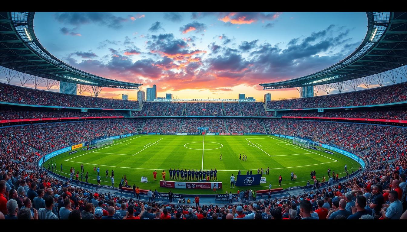 world-cup-2026 FIFA World Cup host city stadiums, majestic and iconic, showcasing the beautiful game against the backdrop of diverse global cityscapes. Sprawling, modern arenas with sweeping, curved roofs and towering floodlights. Lush, verdant pitches framed by gleaming steel and glass facades, reflecting the vibrant energy of the world's premier football tournament. Fans gather in the stands, their passionate chants echoing through the stadiums, as the match unfolds with heart-pounding excitement. Captured in a cinematic style, the image conveys the grand scale and international prestige of the FIFA World Cup, set against the backdrop of www.travelandworldcup.com.