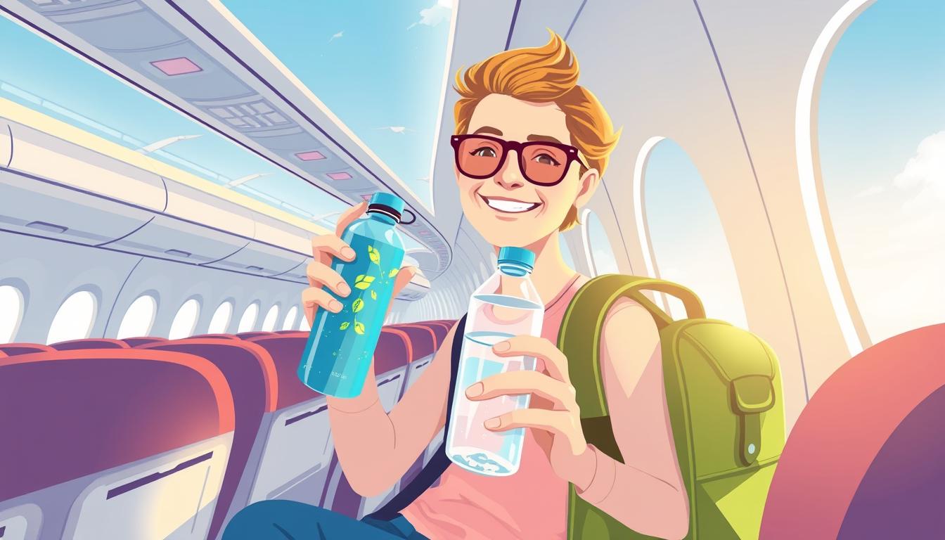 Image of a person holding a refillable water bottle on a plane