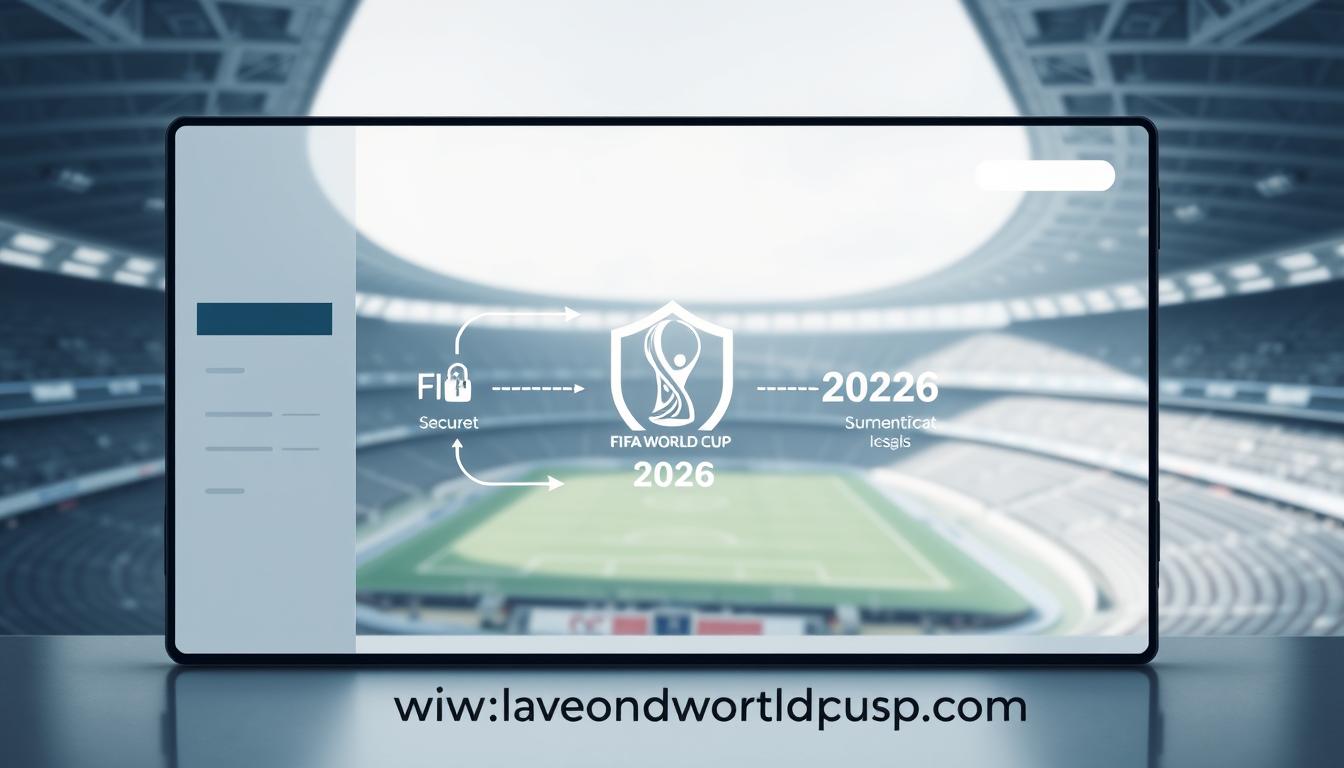 A sleek, secure online platform for purchasing FIFA World Cup 2026 tickets. The foreground features a minimalist, user-friendly interface with clean lines, muted colors, and intuitive navigation. In the middle ground, a secure transaction process is depicted, with encryption icons and padlock symbols conveying a sense of safety and reliability. The background showcases a panoramic view of a modern stadium, hinting at the excitement and atmosphere of the event. Soft, directional lighting creates a sense of professionalism and trustworthiness. The brand name &quot;www.travelandworldcup.com&quot; is prominently displayed, emphasizing the platform's reliability and connection to the FIFA World Cup 2026.