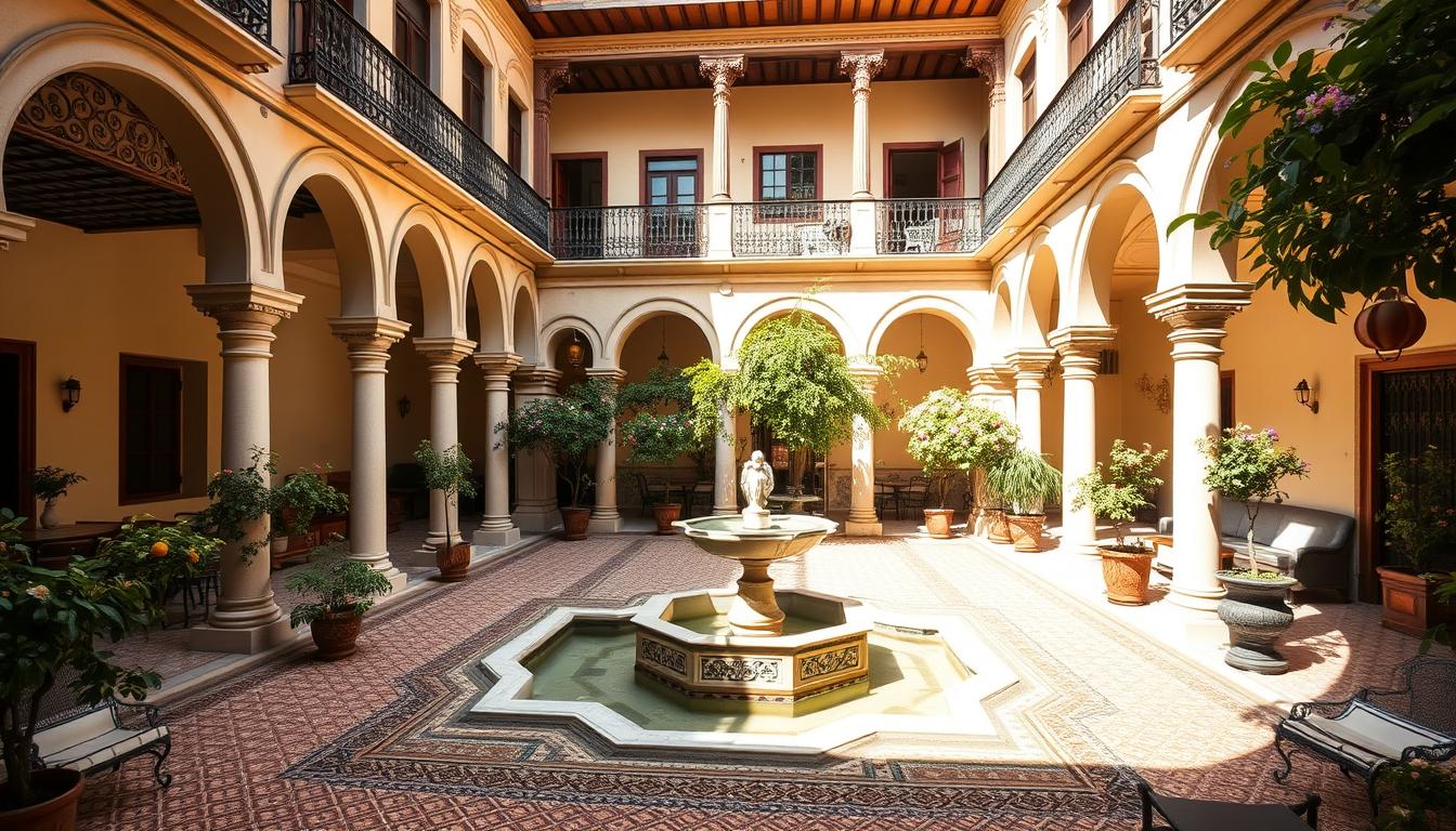 Magnificent Palacio de Villapanes courtyard in Seville, Spain. The historic 16th-century palace hotel features an elegant central patio with ornate arches, intricate tilework, and lush greenery surrounding a serene water fountain. Warm afternoon sunlight filters through the open-air space, casting soft shadows and highlighting the architectural details. Wrought-iron balconies and antique furniture evoke the property's timeless ambiance. Potted orange trees and fragrant flowers dot the space, adding vibrant splashes of color. The courtyard exudes a timeless, tranquil atmosphere, inviting guests to step back in time and immerse themselves in Seville's captivating history.
