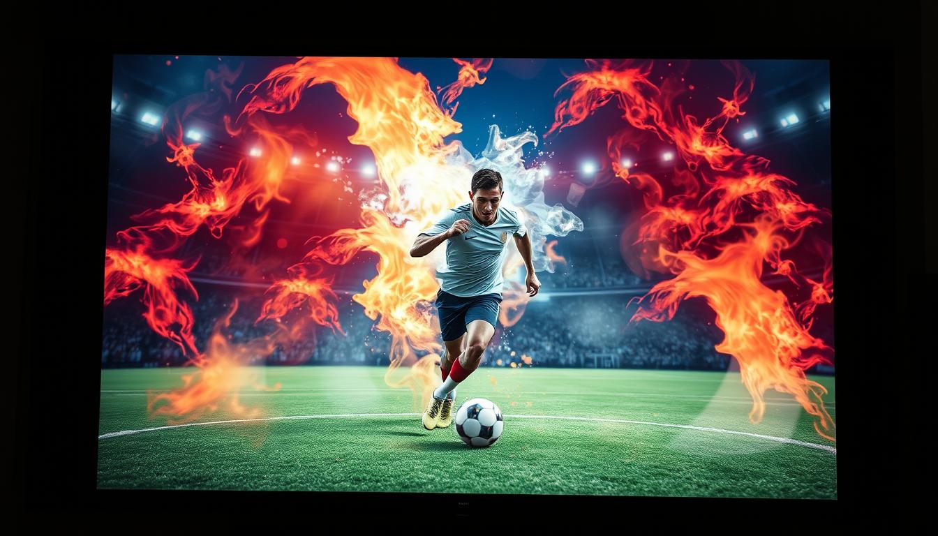 Generate an image of a TV broadcast featuring a soccer player with a mystical aura around them.