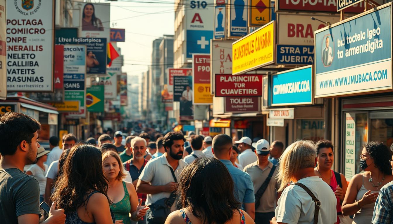 A bustling Brazilian street scene, showcasing the vibrant language and communication in the country. In the foreground, a group of locals animatedly converse, their gestures and facial expressions conveying the lively nature of Brazilian discourse. In the middle ground, signs and billboards display a mix of Portuguese, English, and other languages, reflecting the multilingual nature of the urban environment. In the background, a cacophony of sounds - from street vendors calling out their wares to the rhythmic beats of samba music - create an immersive auditory experience. The lighting is warm and golden, capturing the vibrant energy of the scene. The camera angle is slightly elevated, providing a panoramic view that showcases the diversity and dynamism of communication in Brazil.