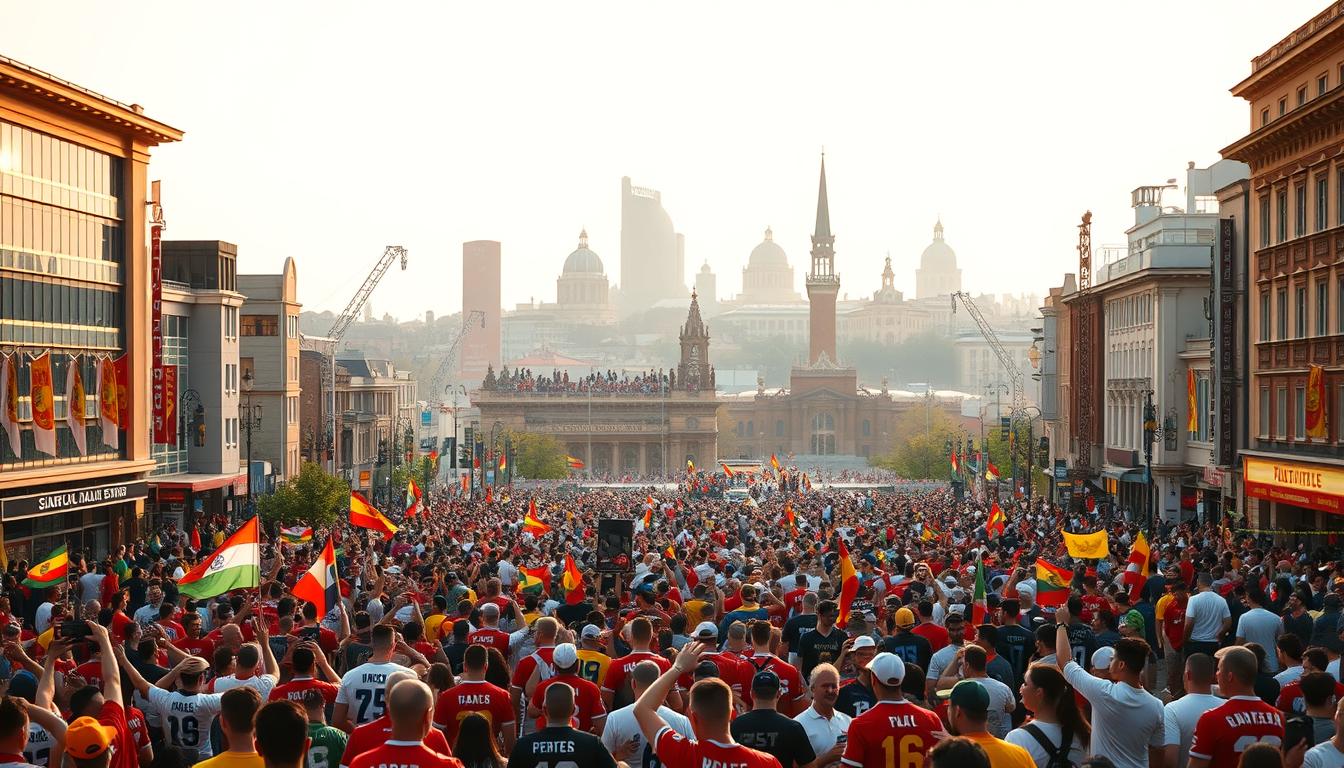 A vibrant cityscape bustling with energy and excitement. In the foreground, crowds of passionate fans gather in a lively town square, dressed in colorful jerseys and waving flags, creating a festive atmosphere. In the middle ground, iconic landmarks like towering stadiums and historic architecture stand tall, reflecting the rich culture and heritage of the host city. The background is bathed in warm, golden light, creating a sense of welcoming and inviting atmosphere. The entire scene is captured with a wide-angle lens, conveying the grandeur and scale of the event, while maintaining a sense of intimacy and connection between the people and the city.