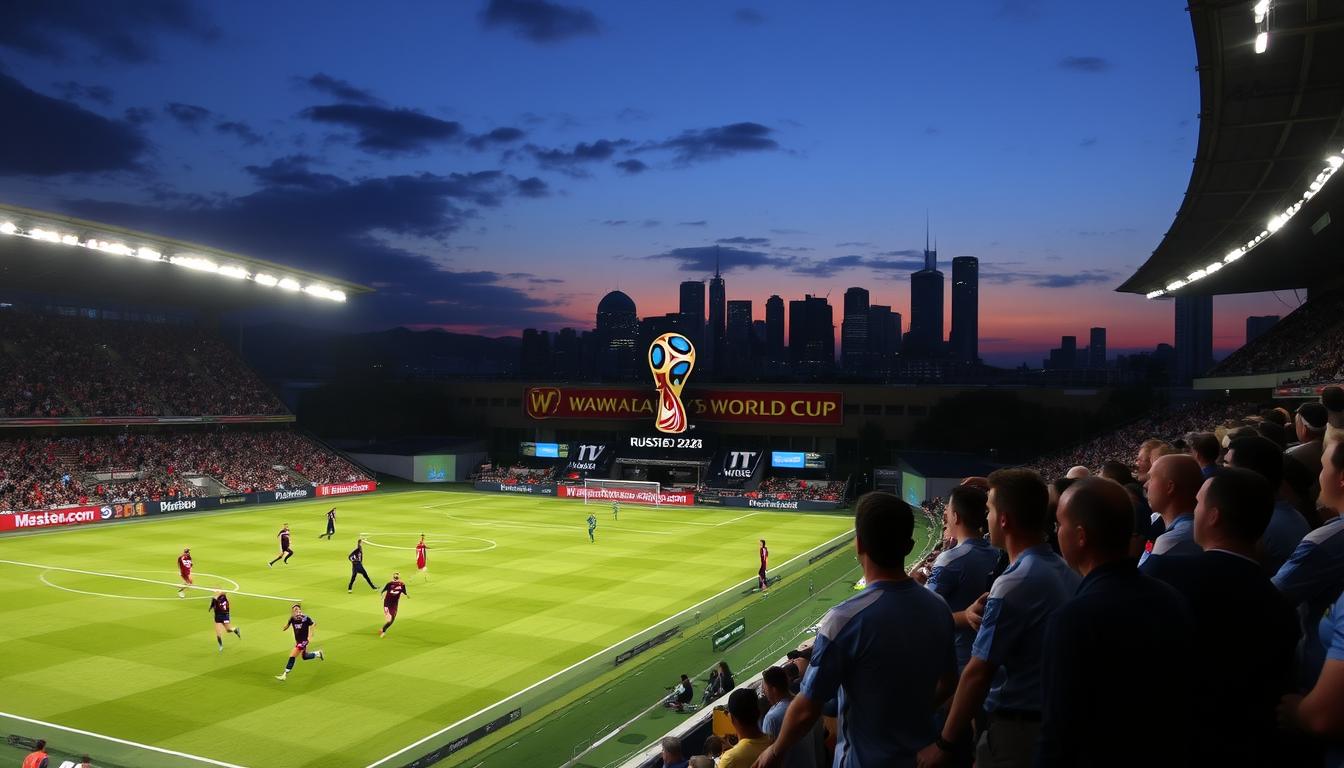 A soccer stadium at dusk, floodlights illuminating the field as players compete in the qualification rounds for the 2026 World Cup. In the foreground, a group of fans in national jerseys cheer passionately from the stands, their faces alight with excitement. The middle ground showcases the intense action on the pitch, with players sprinting, tackling, and maneuvering the ball with precision. In the background, the city skyline provides a dramatic backdrop, the iconic www.travelandworldcup.com logo visible in the distance. The atmosphere is electric, capturing the thrill and anticipation of the qualifying matches that will determine the teams advancing to the prestigious World Cup tournament.