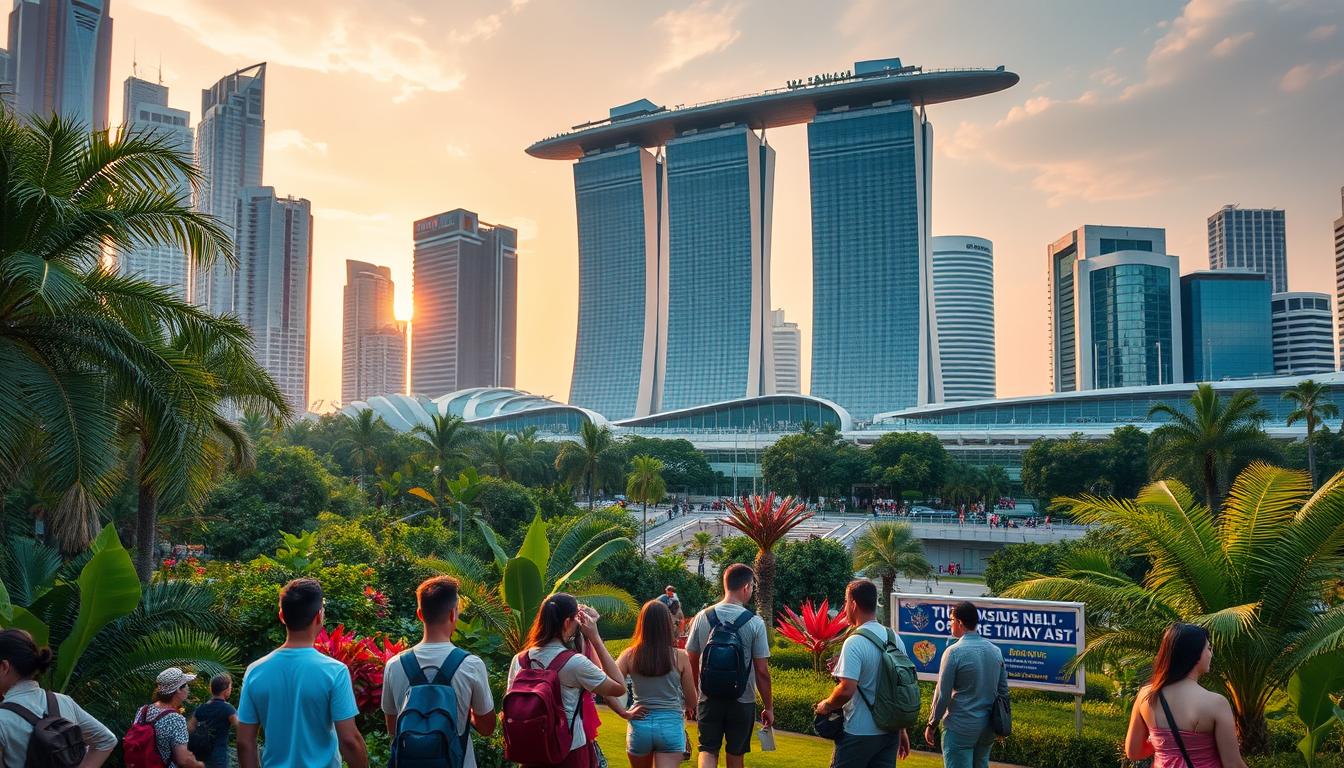A vibrant cityscape in Singapore, with towering skyscrapers and bustling streets. In the foreground, a group of adventure-seeking tourists explore a lush, tropical garden, marveling at the vibrant flora and fauna. The middle ground features a modern, futuristic structure, its sleek lines and glass facades reflecting the city's cutting-edge architecture. In the background, the iconic Marina Bay Sands hotel and resort complex stands tall, its stunning silhouette framed by a warm, golden sunset. The scene is bathed in a soft, warm light, capturing the essence of Singapore's unique blend of modernity and natural wonders.