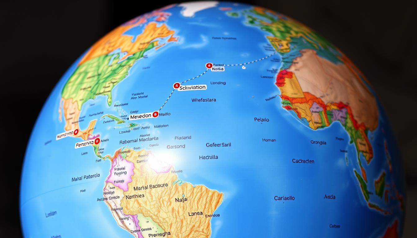 Generate an image of a globe with highlighted destinations