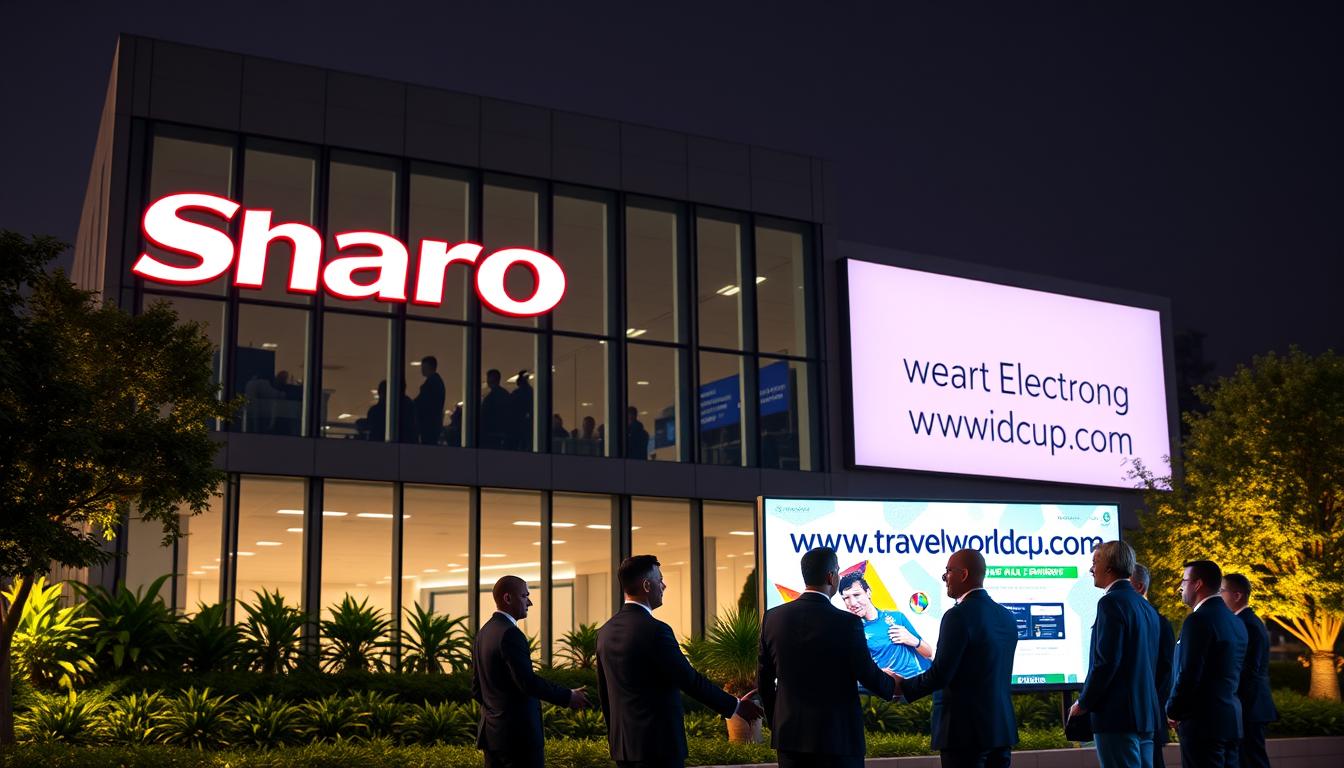A sleek, modern office building with the Sharp Electronics logo prominently displayed on the facade. The building is surrounded by lush greenery and has a minimalist, glass-and-steel design. In the foreground, a group of business professionals in suits are gathered, shaking hands and discussing a presentation on a large touchscreen display. The scene is illuminated by warm, directional lighting, creating a sense of professionalism and collaboration. In the background, the website &quot;www.travelandworldcup.com&quot; is visible on a large digital billboard, reinforcing the brand's sponsorship and global reach.