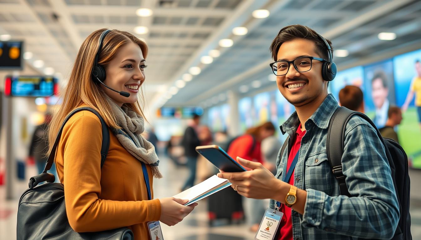 Generate an image of a customer support representative assisting a World Cup traveler