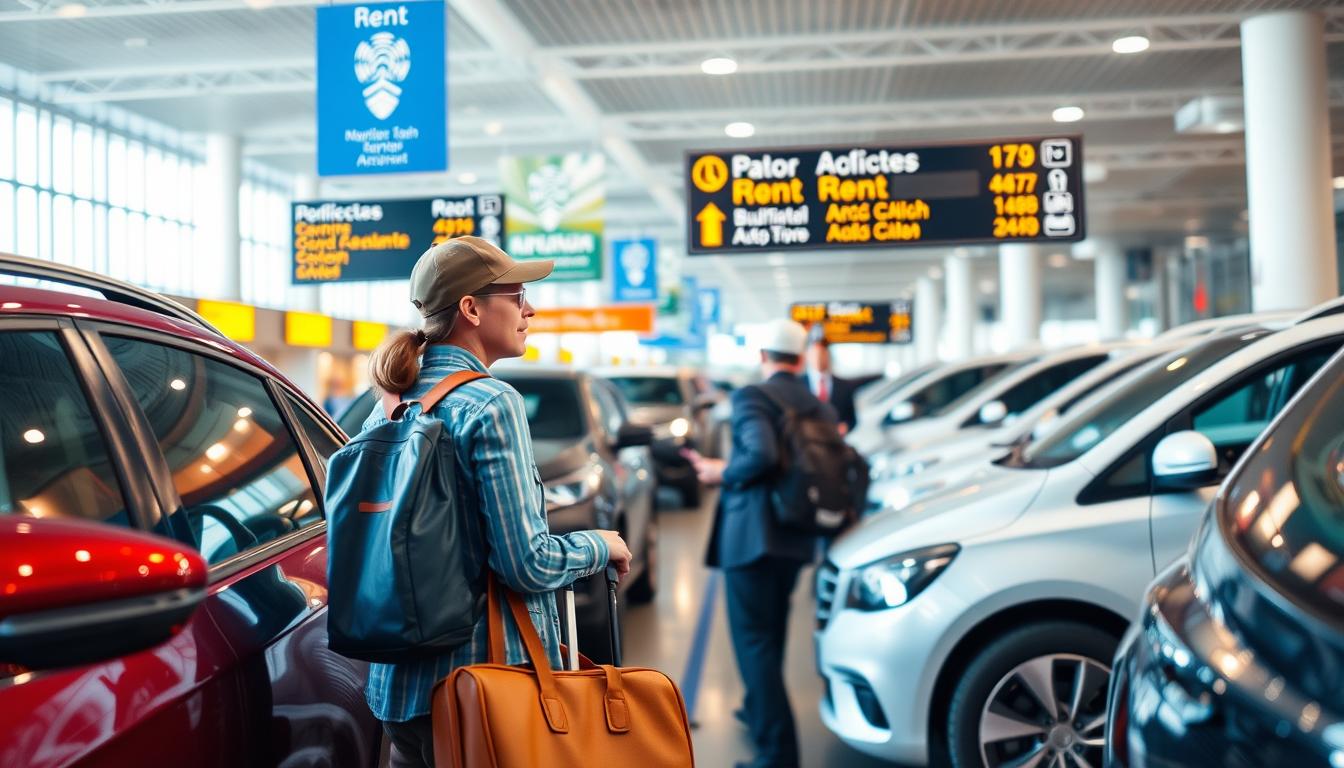 Generate an image of a person renting a car at an international airport