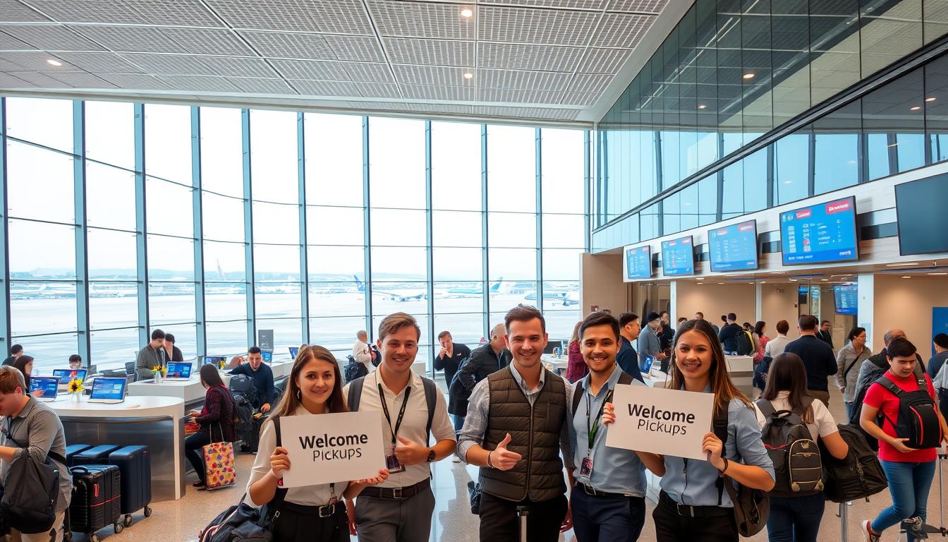 A modern, well-lit airport terminal with travelers waiting to board their flights. In the foreground, a dynamic team of friendly Welcome Pickups representatives greet passengers, holding up signs with the company's logo. The middle ground features sleek, high-tech check-in counters and digital displays showcasing flight information. The background reveals the expansive glass walls of the terminal, offering a panoramic view of the bustling tarmac and distant aircraft. The overall atmosphere is one of efficiency, professionalism, and a warm, welcoming Brazilian hospitality.
