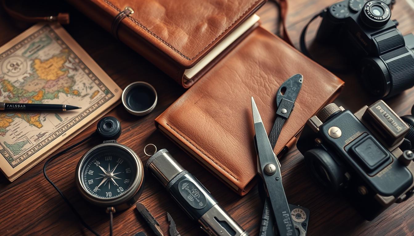 a close-up shot of travel tools and accessories laid out on a wooden table, including a compass, a vintage-style map, a leather-bound journal, a pair of binoculars, a sturdy multi-tool, and a weathered old camera, all bathed in warm, natural lighting, creating a cozy, adventurous atmosphere evocative of the Russia travel experience