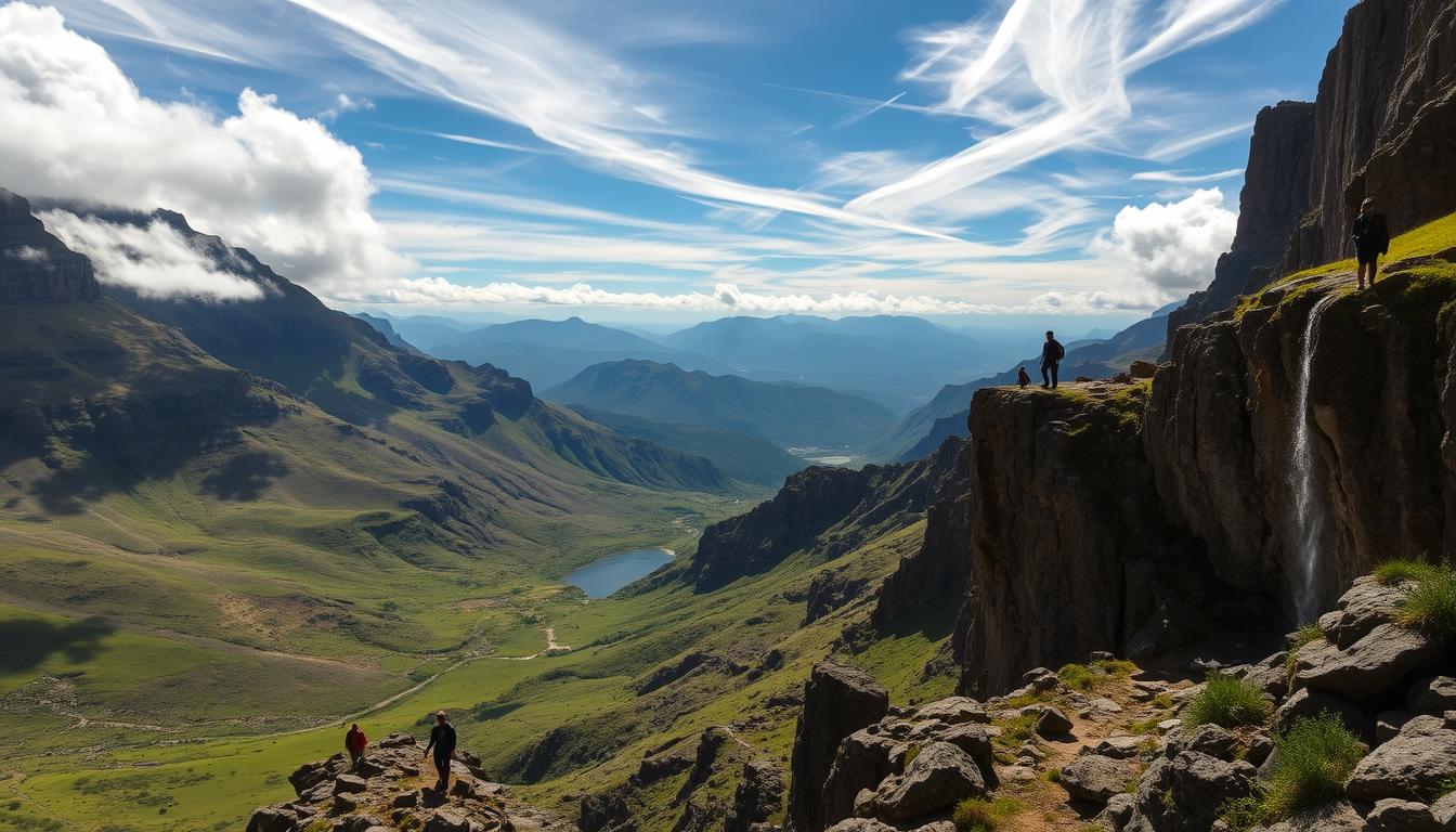 tourist attractions in south africa Dramatic Drakensberg mountains, majestic amphitheaters carved by ancient glaciers, towering peaks piercing the sky. A sun-dappled landscape of lush green meadows, shimmering lakes, and cascading waterfalls. Hikers traversing rugged trails, adventurers scaling rocky outcrops, their silhouettes framed against the breathtaking panorama. Wispy clouds drift overhead, casting ever-changing shadows across the weathered, jagged cliffs. A sense of timeless wonder and untamed wilderness pervades the scene, inviting the viewer to immerse themselves in the grandeur of South Africa's highland adventures.