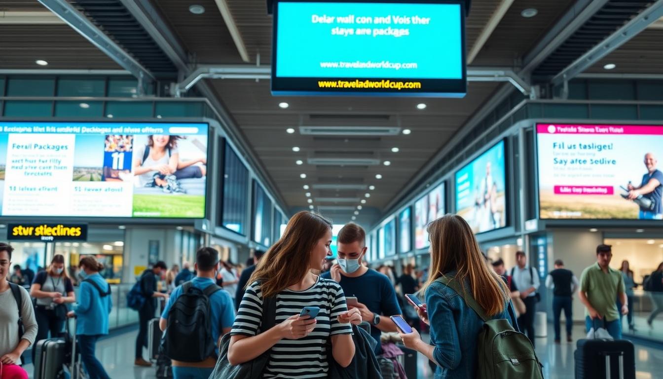 A busy, modern airport terminal with travelers checking their phones and luggage, conveying a sense of anticipation and efficiency. In the foreground, a group of friends excitedly discussing their upcoming trip, surrounded by the sleek, glass-walled architecture and bright lighting. In the background, large digital displays showcase various travel deals and destinations, including the website &quot;www.travelandworldcup.com&quot;, which offers discounted packages and exclusive offers. The overall atmosphere is one of excitement and opportunity, reflecting the &quot;Booking Tips and How to Save on Your Trip&quot; section of the article.
