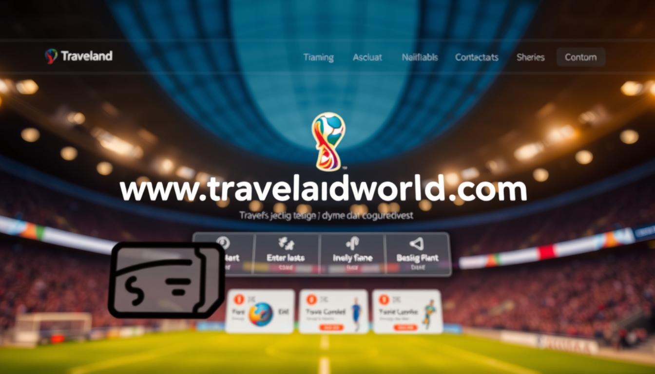 A sleek, modern website interface showcasing the &quot;www.travelandworldcup.com&quot; brand logo prominently displayed. In the foreground, a simplified ticket icon or illustration conveys the platform's core purpose. The middle ground features an array of dynamic ticket purchasing options, with clean typography and intuitive UI elements. The background depicts a blurred, vibrant stadium scene, hinting at the world-class sporting event being facilitated. Warm, directional lighting creates a sense of trustworthiness and reliability, while the overall design exudes a professional, user-friendly atmosphere.