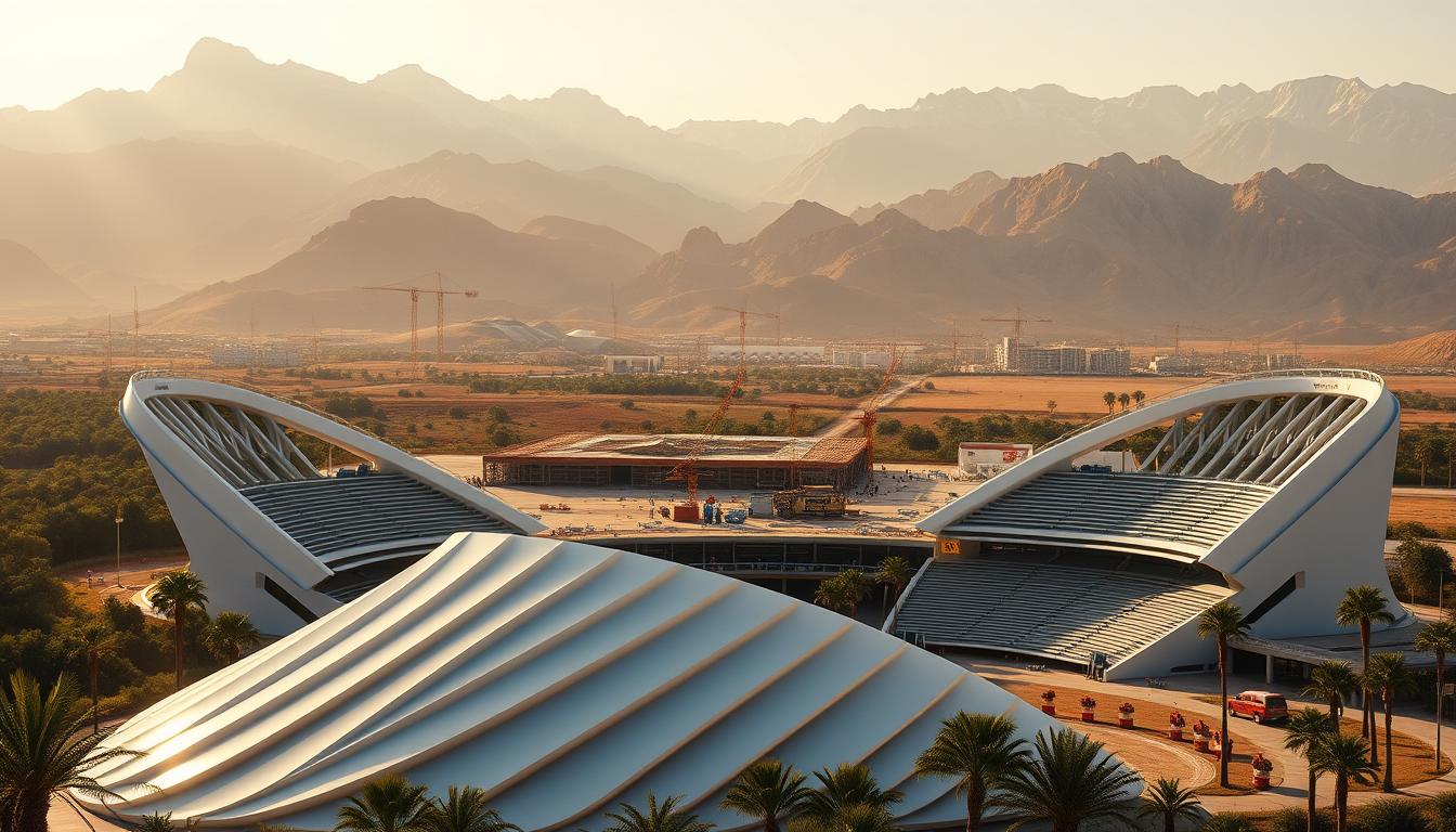a highly detailed, photorealistic image of the 2030 FIFA World Cup in Morocco, showcasing the country's preparations and strategic investments. The foreground depicts a modern, state-of-the-art stadium with a sleek, angular design, surrounded by lush greenery and palm trees. In the middle ground, workers in high-visibility gear are seen constructing additional infrastructure, such as transportation hubs and hospitality facilities. The background features the stunning Atlas Mountains, with their iconic snow-capped peaks, providing a majestic backdrop to the scene. The lighting is warm and golden, creating a sense of optimism and excitement for the upcoming tournament. The overall atmosphere conveys Morocco's pride and ambition to host a successful and transformative World Cup event.