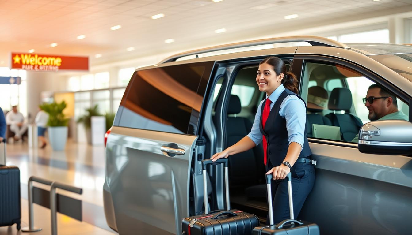 Welcome Pickups driver helping travelers with luggage at airport