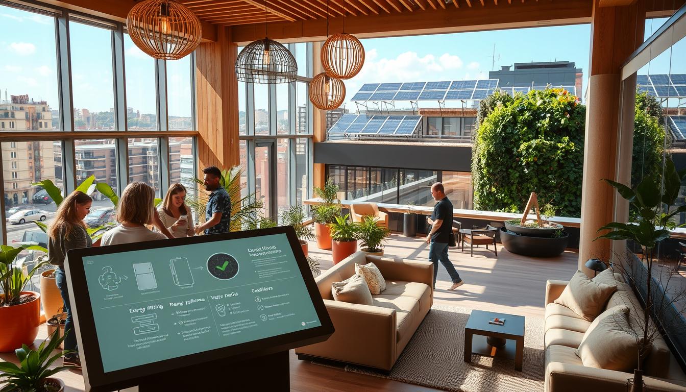 A modern, eco-friendly hotel nestled in the heart of Barcelona. The lobby features natural wood accents, potted plants, and large windows that let in abundant natural light. In the foreground, guests interact with an interactive display showcasing the hotel's sustainability initiatives, such as energy-efficient appliances, water conservation measures, and waste reduction programs. The middle ground depicts a cozy lounge area with plush, earth-toned furniture and lighting fixtures made from recycled materials. In the background, the hotel's rooftop terrace is visible, showcasing solar panels, a lush vertical garden, and panoramic views of the Catalan capital.