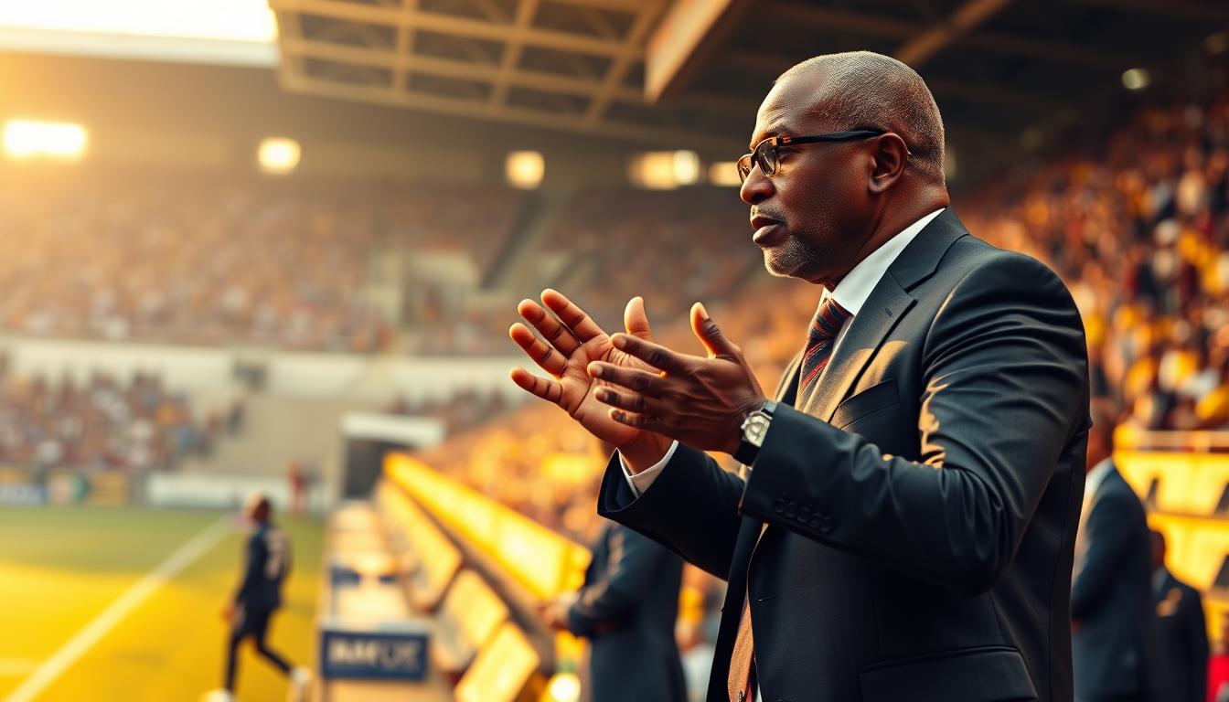 An experienced Ghanaian football coach, Otto Addo, stands intently on the sidelines of a soccer pitch, closely observing the game. Clad in a sharp, tailored suit, he gestures emphatically with his hands, his gaze fixed on the players as he strategizes and issues instructions. The stadium is bathed in warm, golden lighting, casting a soft, contemplative glow over the scene. The crowd's muffled cheers and the rhythmic thud of the ball create a sense of anticipation and determination, reflecting Otto Addo's unwavering leadership and vision for the national team.