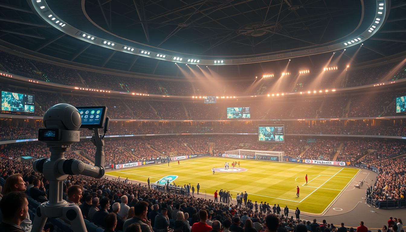 A vast stadium filled with spectators, the field aglow with technological marvels. In the foreground, sleek robotic cameramen glide effortlessly, capturing every moment with precision. Holographic displays hover above the players, showcasing real-time statistics and insights. In the middle ground, a team of analysts pore over data feeds, optimizing strategies with AI-powered simulations. The background is a dazzling array of augmented reality overlays, transforming the entire experience for the engaged digital audience. Soft, warm lighting bathes the scene, creating an atmosphere of futuristic wonder and immersive engagement.