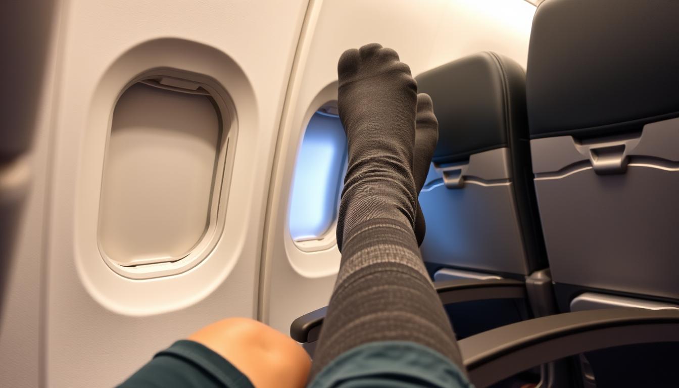 Image generation prompt for compression socks: &quot;A pair of compression socks on a passenger's legs during a flight&quot;