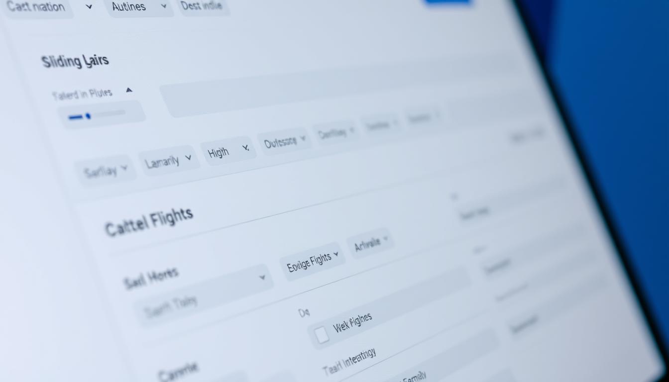 Detailed close-up of a sleek, minimalist Google Flights interface, showcasing the advanced filtering options. The foreground features various sliding toggles, dropdown menus, and checkboxes arranged in a clean, intuitive layout. The middle ground displays airline logos, route maps, and date selections. The background is a soft, gradient-based design in shades of blue and gray, creating a sense of depth and sophistication. The lighting is soft and diffused, highlighting the tactile nature of the interface elements. The camera angle is slightly angled, providing an engaging perspective that draws the viewer's attention to the powerful filtering capabilities of this powerful travel planning tool.