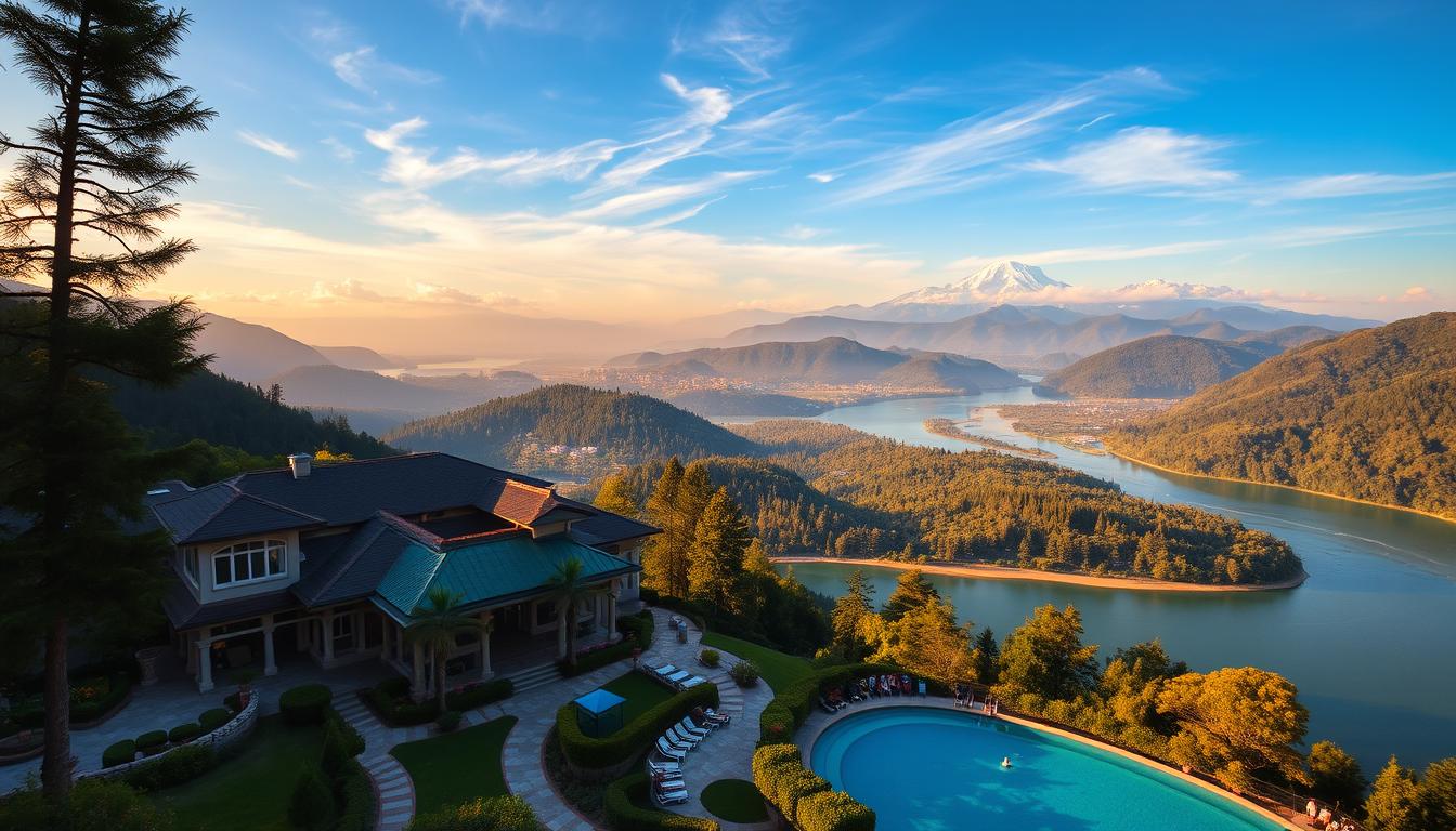 Majestic landscapes, lush greenery, and serene waters - a breathtaking scene of India's preferred resorts. In the foreground, a luxurious resort complex nestled amidst rolling hills, with elegant architecture and well-manicured gardens. Guests enjoy the tranquil ambiance, lounging by the infinity pool overlooking a shimmering lake. The middle ground features a panoramic view of surrounding mountains, their peaks capped with snow. Warm, golden sunlight filters through wispy clouds, casting a gentle glow over the entire scene. In the background, dense forests and winding rivers complete the picturesque vista, inviting visitors to immerse themselves in the natural beauty of India's premier resort destinations.