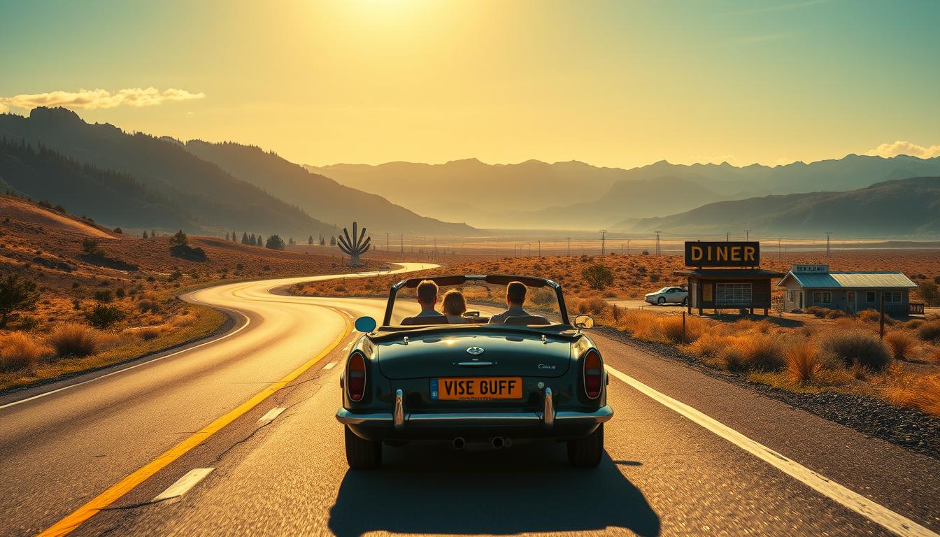A sun-dappled highway winds through the vast, rugged landscapes of America, as a group of adventurous road-trippers explore the country in the aftermath of the 2026 World Cup. In the foreground, a vintage convertible sports car glides along the tarmac, its occupants gazing out at the panoramic vistas of rolling hills, towering pine forests, and distant mountain peaks. The middle ground is dotted with quirky roadside attractions, from a giant metal sculpture to a neon-lit diner. In the background, the sky is ablaze with warm, golden light, casting a dreamy, nostalgic glow over the entire scene. Tourism and the World Cup