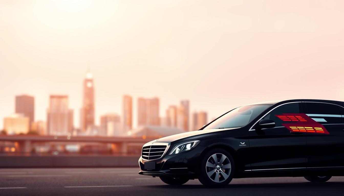A modern and minimalist illustration of &quot;خدمة نقل&quot;, featuring a sleek and stylish black sedan or SUV in the foreground, with a blurred city skyline in the background. The vehicle is captured from a low angle, emphasizing its bold, dynamic presence. The lighting is soft and diffused, creating a warm, inviting atmosphere. The overall composition conveys a sense of convenience, efficiency, and accessibility, reflecting the usefulness of transportation services for travelers visiting Mexico.
