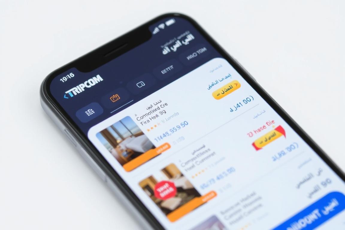 واجهة تطبيق Trip.com تعرض خيارات متعددة للفنادق بأسعار تنافسية