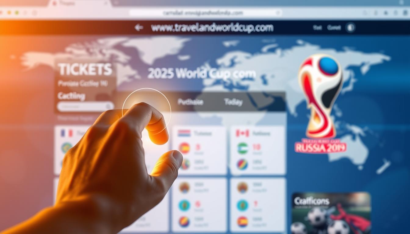 A secure ticket purchasing experience for the 2026 World Cup, set against a backdrop of a modern, streamlined website interface. In the foreground, a hand securely navigating the purchase process, highlighted by warm, directional lighting. The middle ground features an array of ticket options, graphically displayed with clean typography and iconography. In the background, a subtly blurred world map, symbolizing the global reach of the event. The website domain &amp;quot;www.travelandworldcup.com&amp;quot; is prominently featured, conveying trust and authority. The overall mood is one of efficiency, assurance, and the excitement of securing highly coveted World Cup tickets.