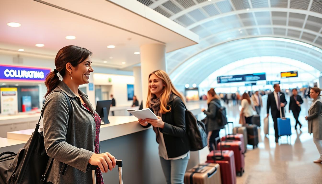 a vibrant, bustling travel assistance service counter in a modern airport terminal, with a warm, welcoming atmosphere. The foreground features a friendly customer service representative assisting a traveler with their luggage and documents, their expressions conveying empathy and professionalism. The middle ground showcases the sleek, minimalist design of the service counter, adorned with the company's branding and signage. In the background, a panoramic view of the airport's vast departure lounge, filled with natural light and the hustle and bustle of passengers moving through the space. The overall lighting is bright and airy, conveying a sense of efficiency and reliability. The camera angle is slightly elevated, providing an encompassing view of the scene.